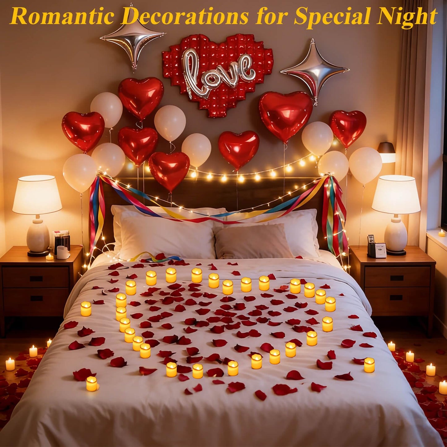 cridoz Rose Petals and Candles Set, 3000 Fake Rose Pedals and 24 Flameless Candles for Romantic Night Decorations