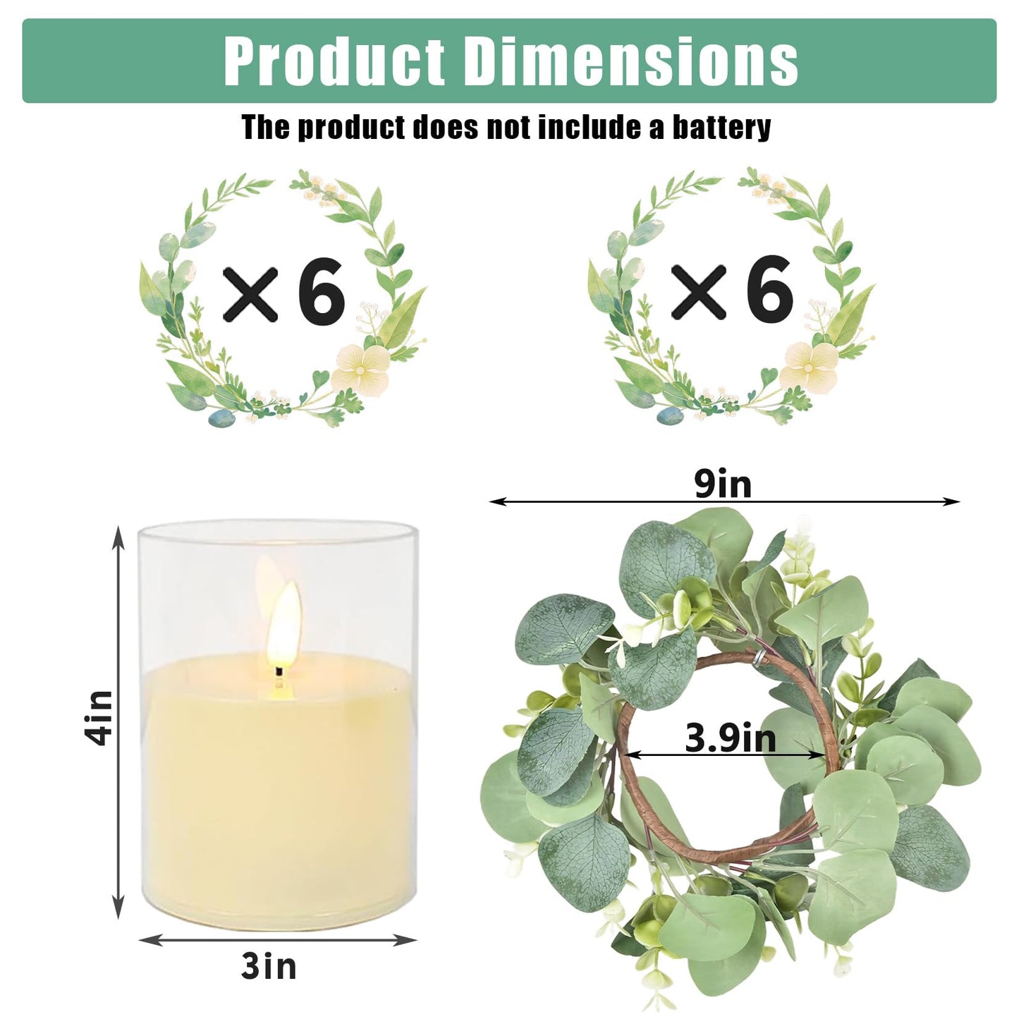 6 Sets LED Candle Rings with Artificial Eucalyptus Wreaths, 4-Inch Center Pillar Candle Holders for Wedding Table Centerpieces, Party Home Decor