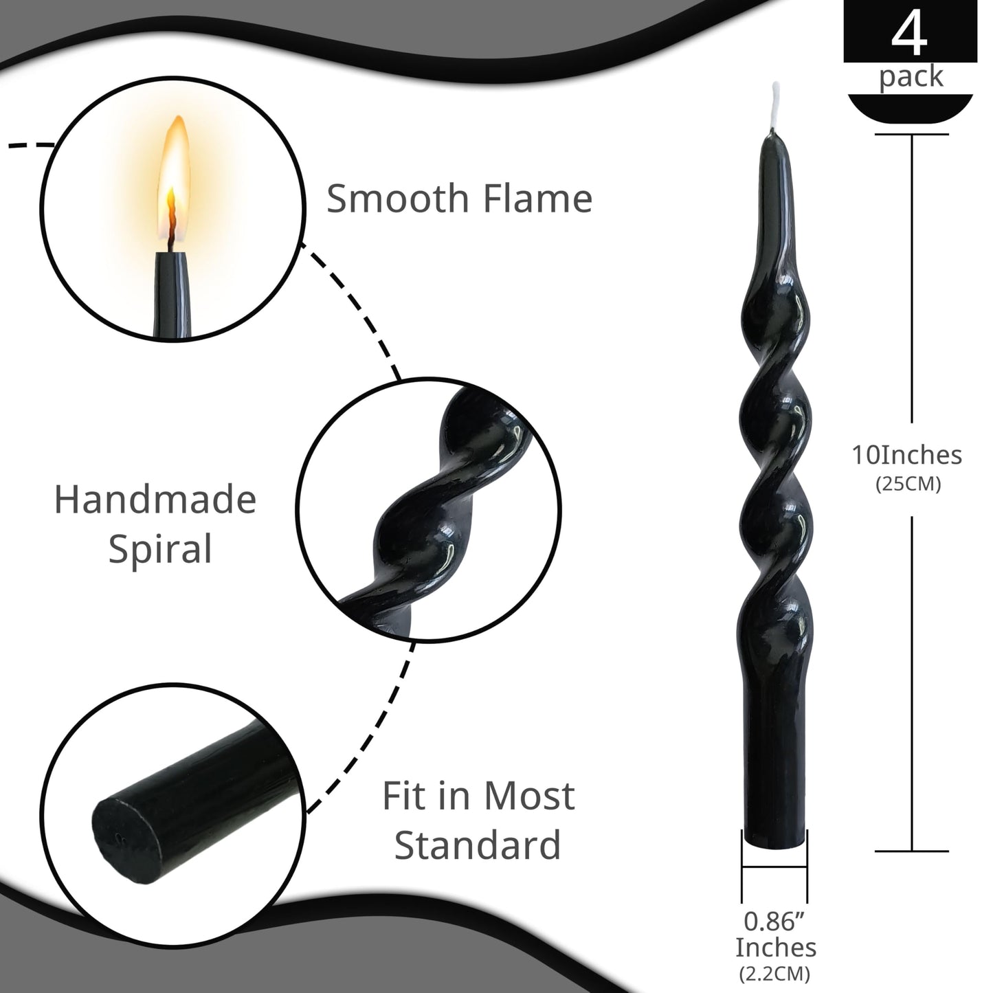 NJAO HOO 10 Inch Black Spiral Taper Candles Twisted Halloween Candlesticks Unscented Tapered Candles for Thanksgiving Dinner Home Decor Party Wedding, 4 Pcs