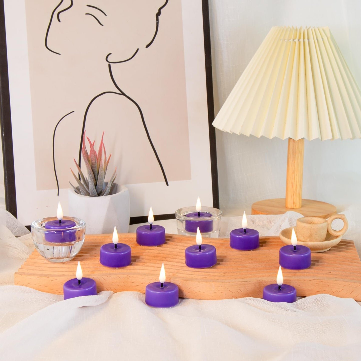 Eywamage Purple Flameless Wax Tealights with Remote Batteries, Flickering LED Tea Votive Candles Set of 10