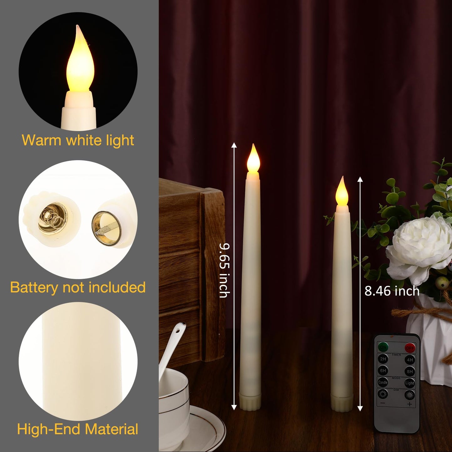 Tuanse 50 Pcs Flameless Taper Candles with Remote Timer and Dimmer Ivory Battery Operated CandleSticks LED Flickering Flameless Candle for Wedding Home Christmas Halloween Party Decor(9.7 Inch)