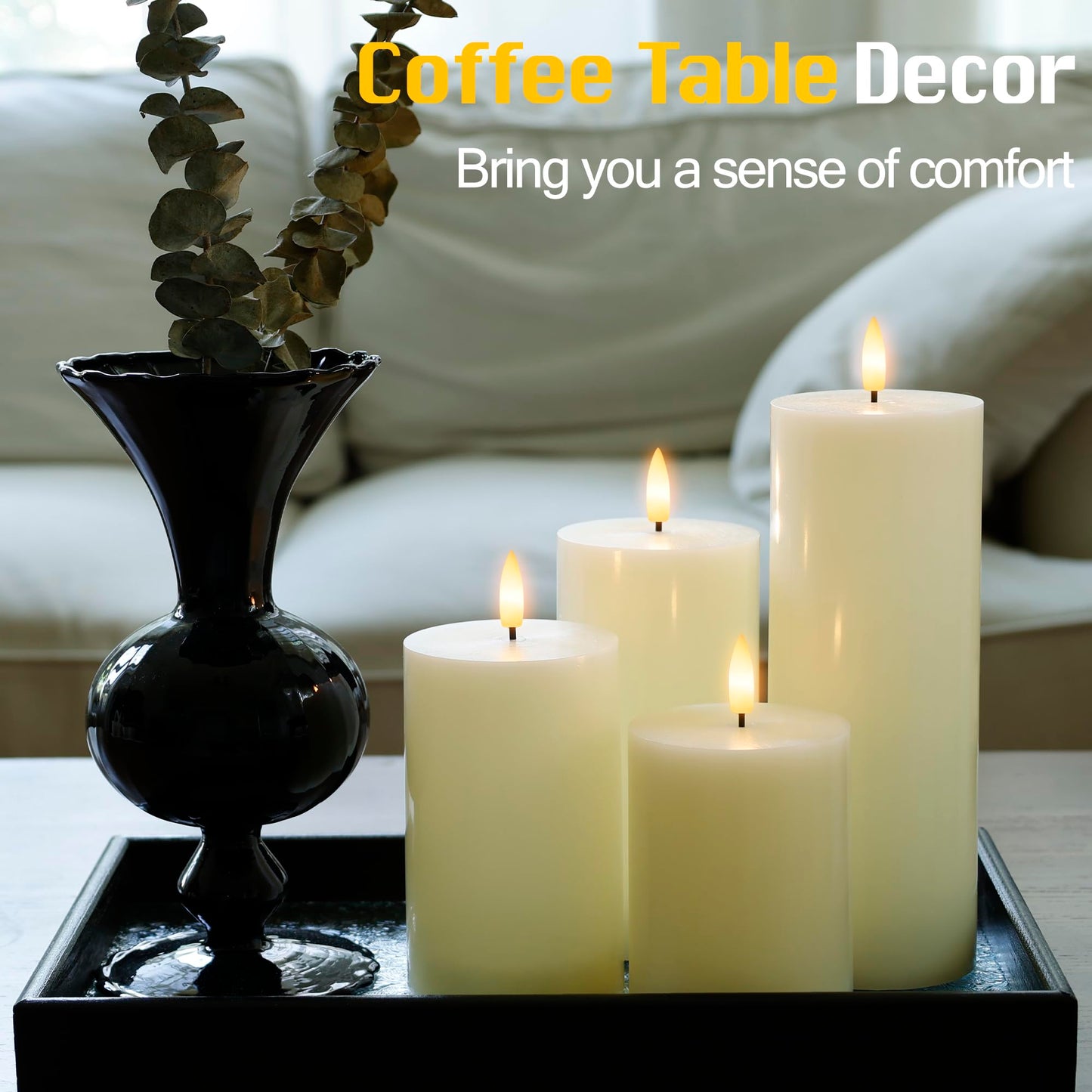 JOIONE Flameless Pillar Candles with Remote Set of 4, Real Wax LED Battery Operated Candles, Safe Home Décor for Living Room, Bedroom, and Dining Table, Ivory