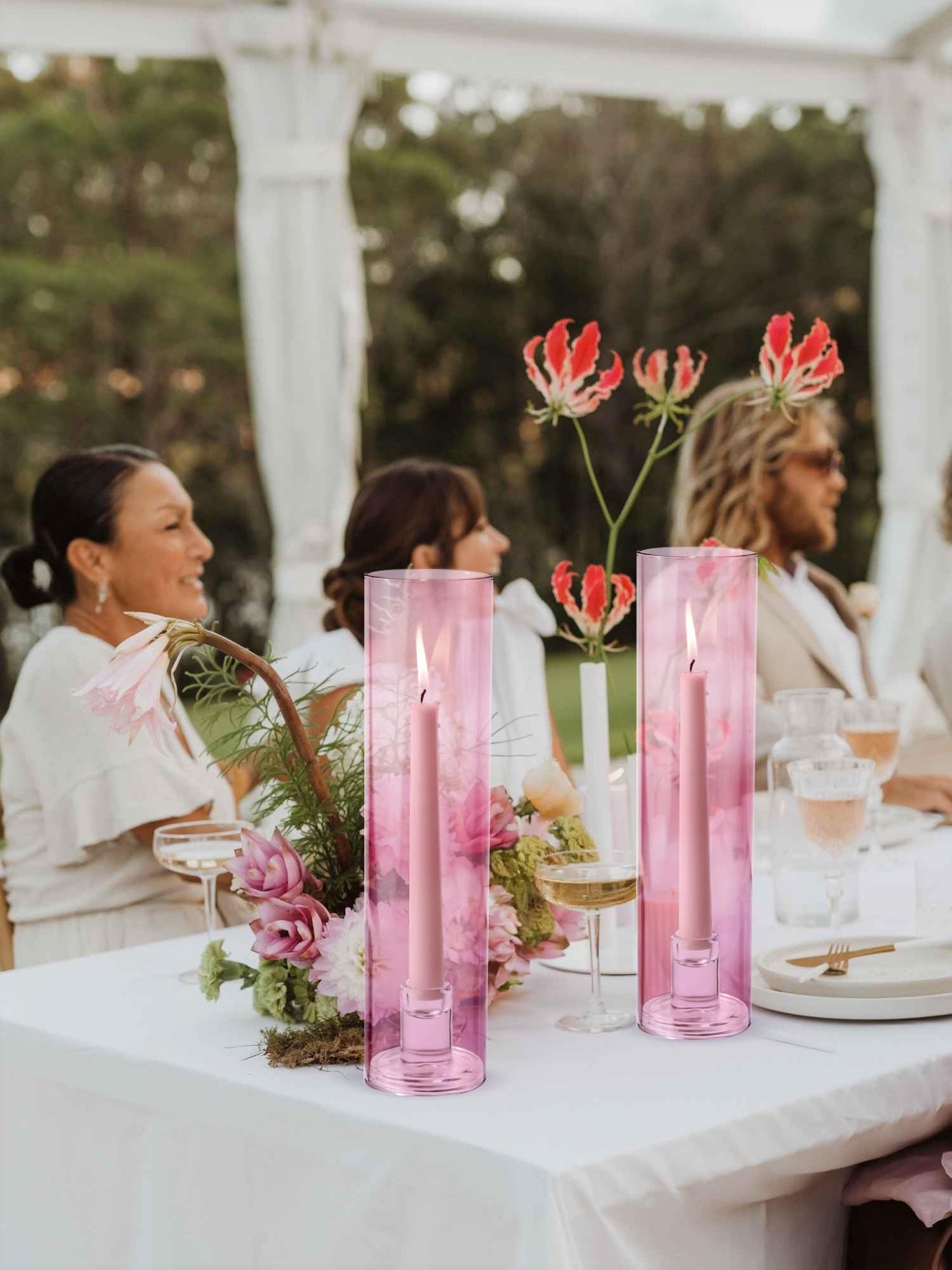 Vixdonos Glass Hurricane Candle Holder Set of 3 Modern Candlestick Holders Long Taper Candle Stand with 11.8 inch Tall Cylinder Windproof Cover for Wedding Party Table Centerpiece Outdoor