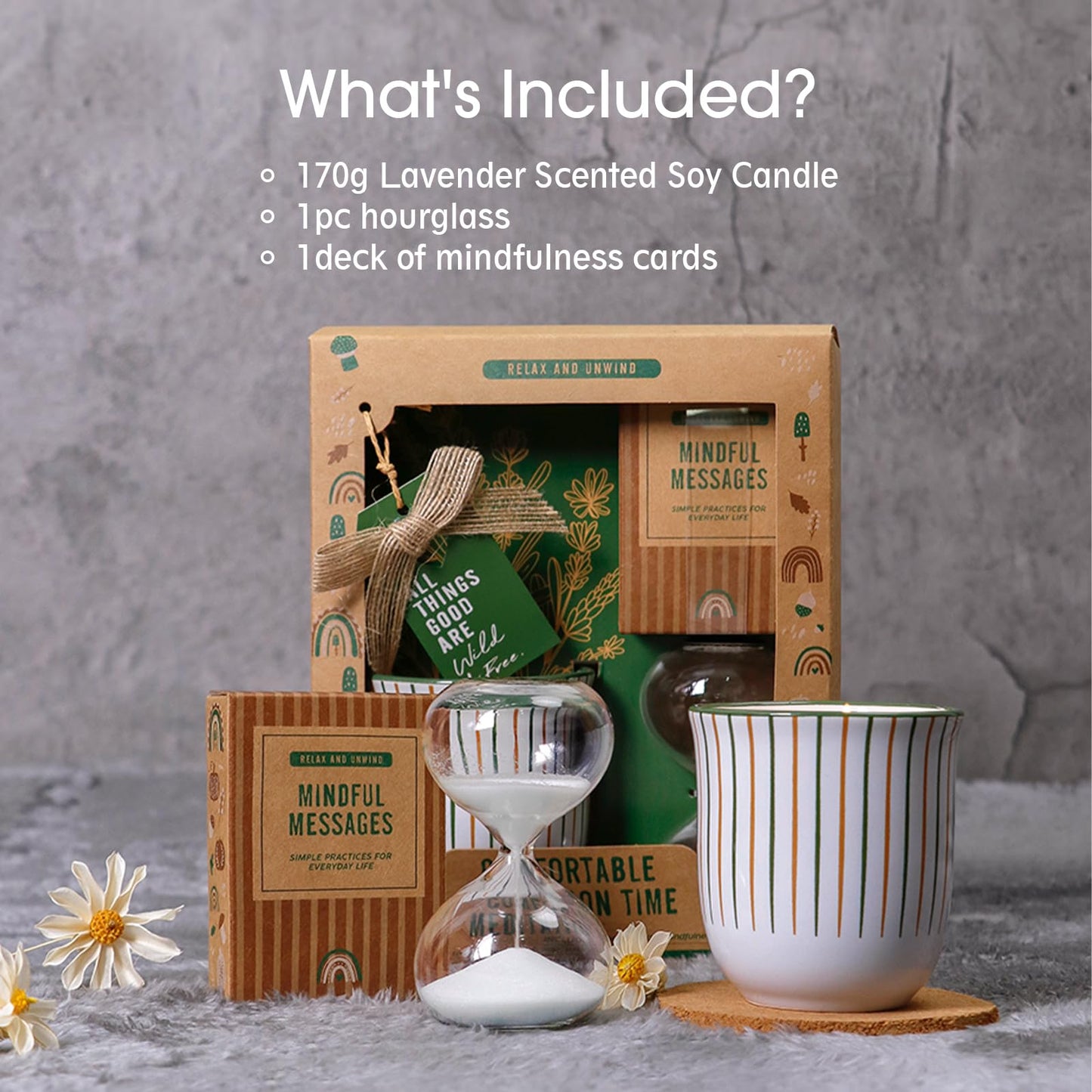 Meditation Accessories Set Include Mindfulness Card Eco-Friendly Scented Candle in Ceramic Jar Exquisite Hourglass Get-Well Gifts Sets Self Care Gift Set