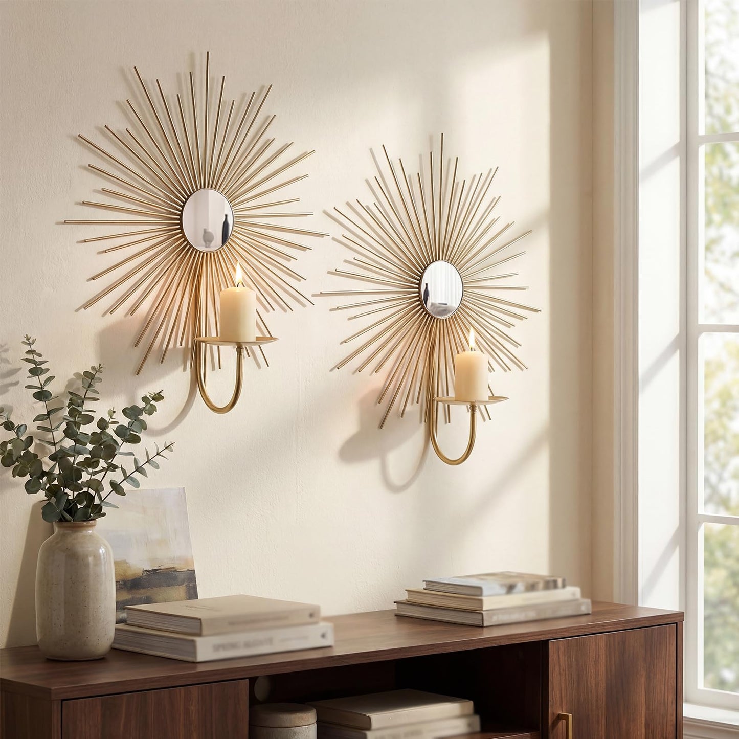 Sxnzequnze 2 Set Candle Sconces Wall Decor for Living Room Metal Sunburst Mirrored Modern Gold Wall-Mounted Candle Holder Sconces Hanging Mounted Fireplace Farmhouse Wedding