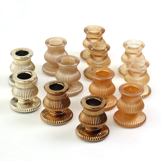 WDHODEC Gold Candlestick Holders 12PCS Glass Taper Candle Holders for Table Centerpiece Colorful Candle Sticks for Wedding, Party and Festival Decoration