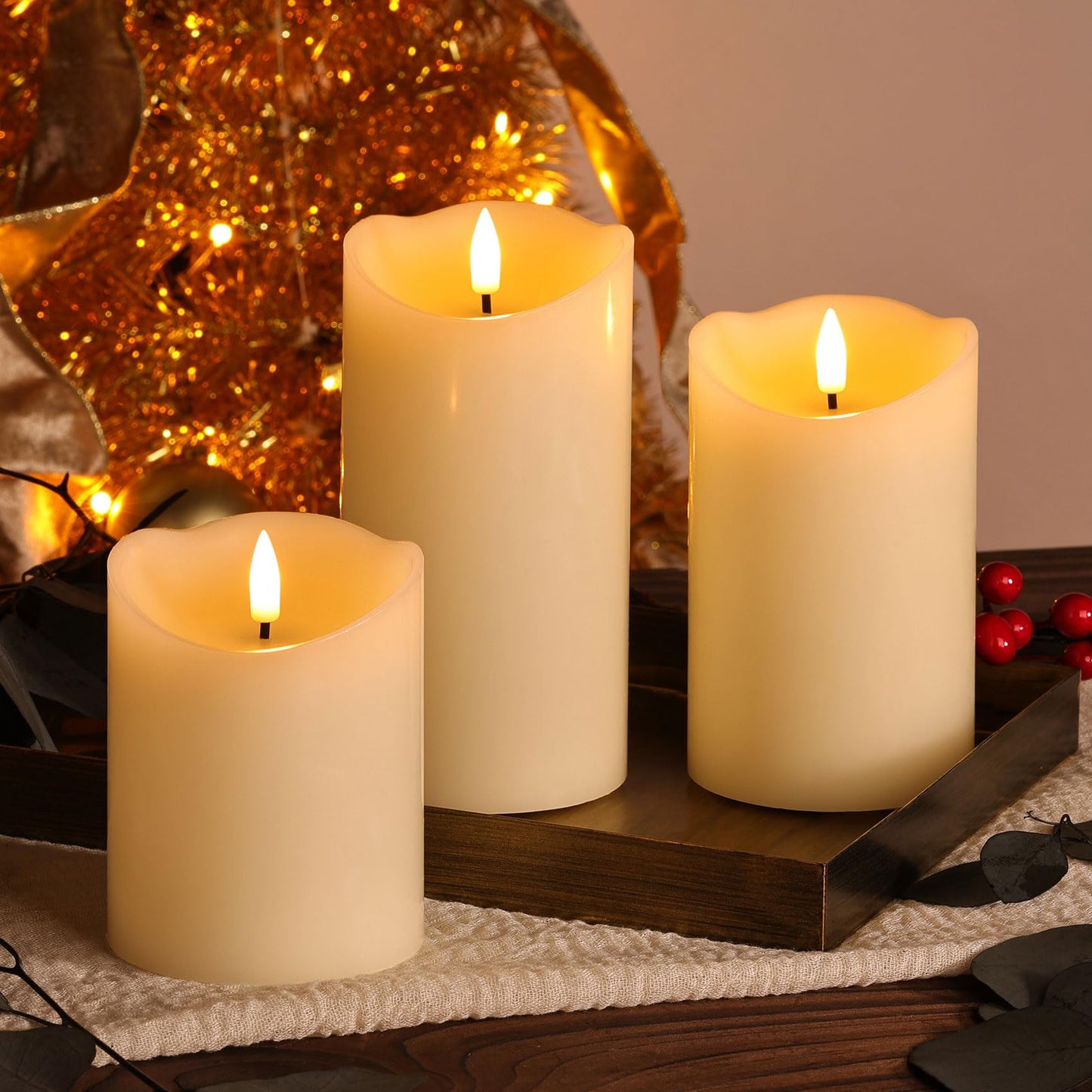 Girimax Ivory Flameless Pillar Candles with Remote, LED Candles Battery Operated, Real Wax Electric Candles Flickering Set of 3