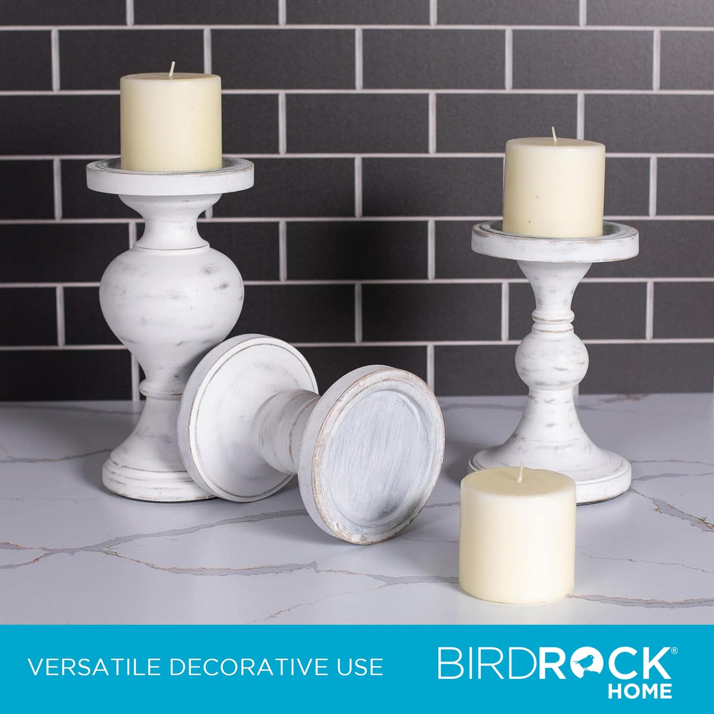 BIRDROCK HOME 3pc Pillar Candleholders - Whitewash - Farmhouse Decor - Wooden Candle Holders - Table Centerpiece - Stand