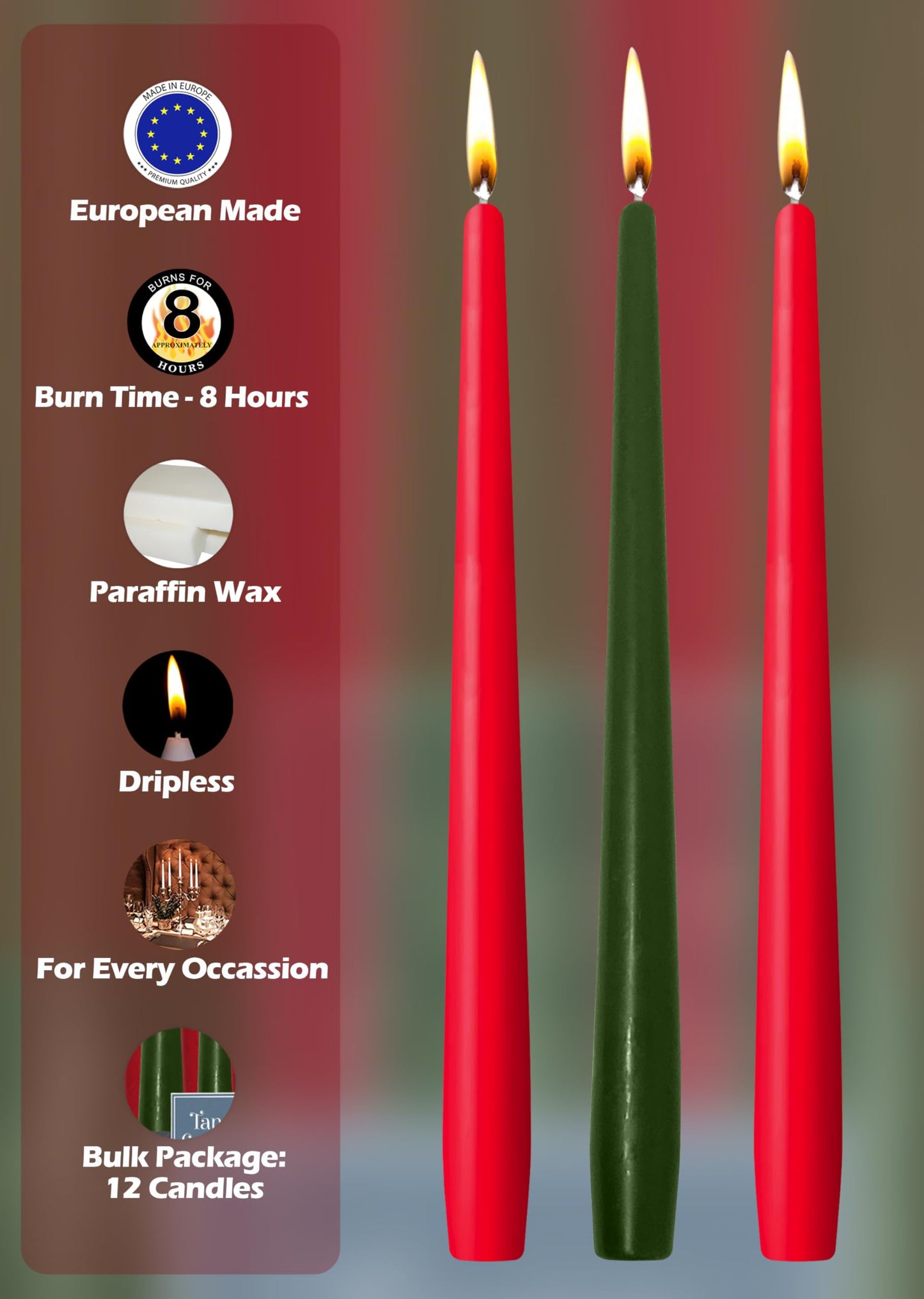 Hyoola Christmas Candles - Green and Red Taper Candles 10 Inch Dripless, 12 Pack Unscented Holiday Candles - European Made