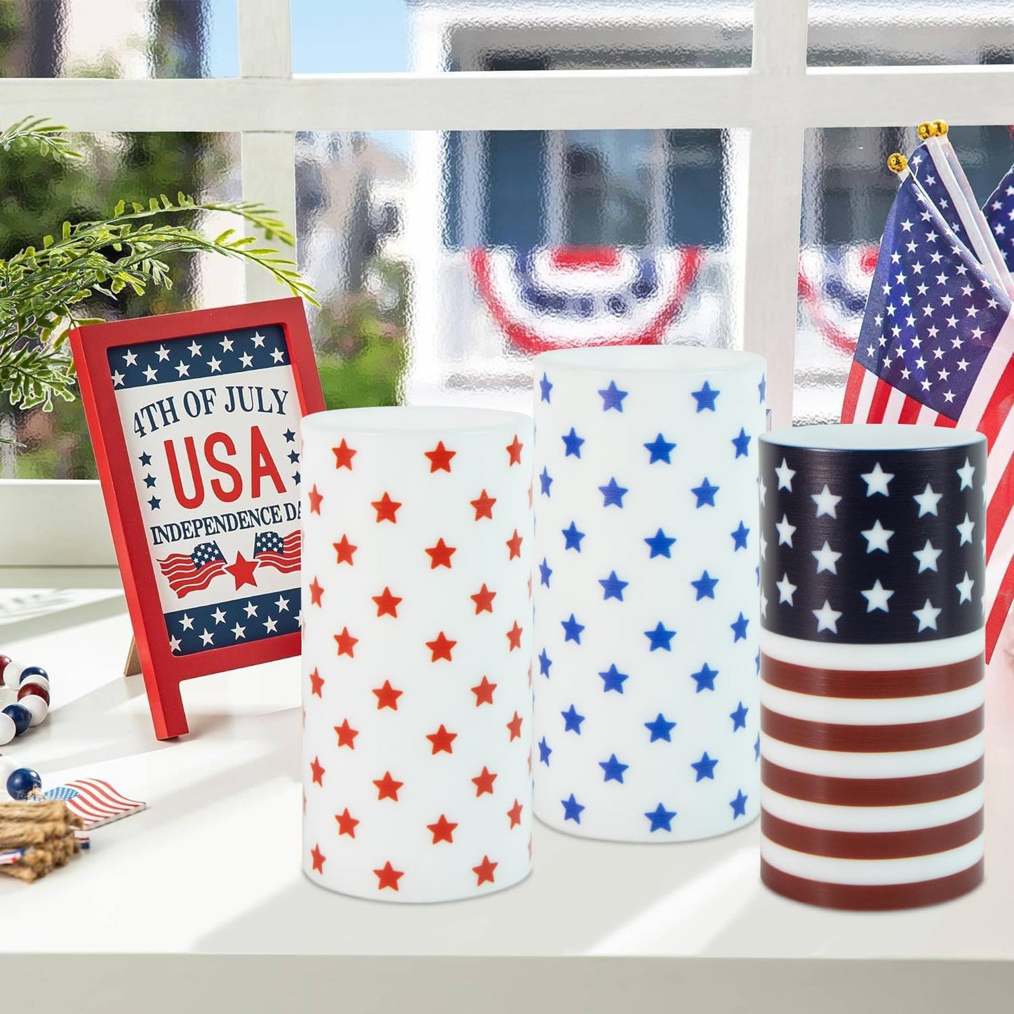 ONEIHOMM 4th of July Candles Battery Operated with Timer Remote Control for American Independence Day Decorations,250th Anniversary USA Patriotic Red White and Blue Candle