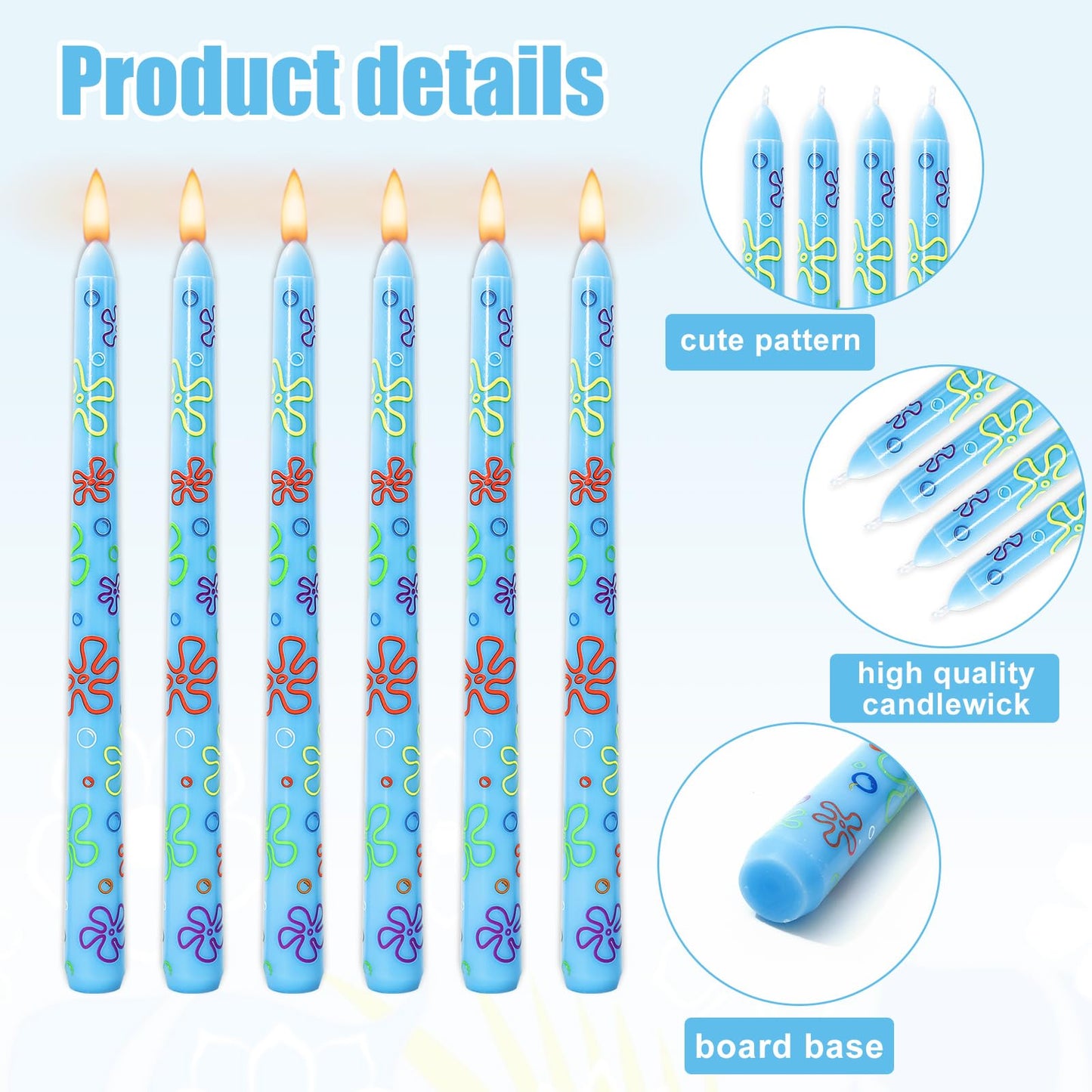 JarThenaAMCS 6Pcs Sponge Birthday Party Taper Candles 10 Inch Decorative Candles Long Unscented Candle Sticks for Sponge Fans Party Decor