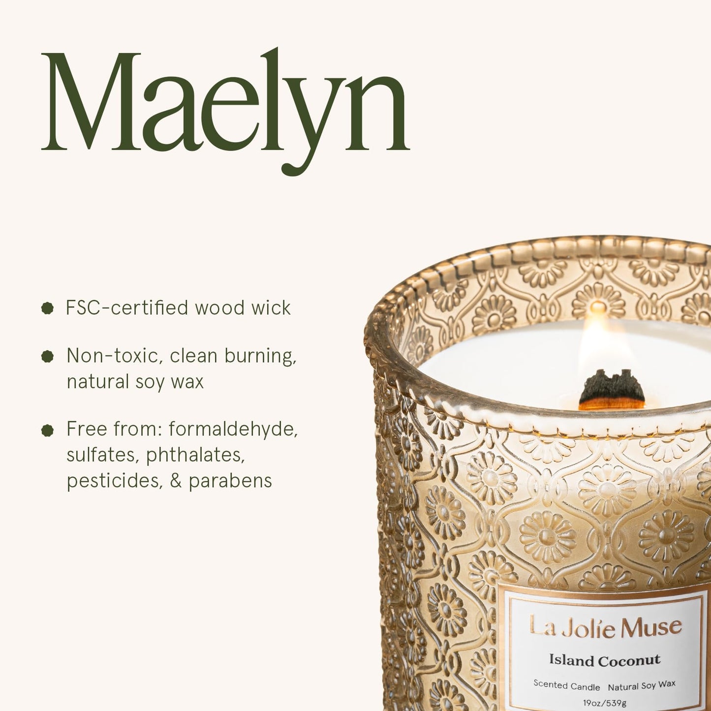 LA JOLIE MUSE Island Coconut Vanilla Scented Candle for Home | 19 oz Non Toxic Natural Soy | Large Jar Candle | Luxury Gifts for Women & Men | Wood Wick