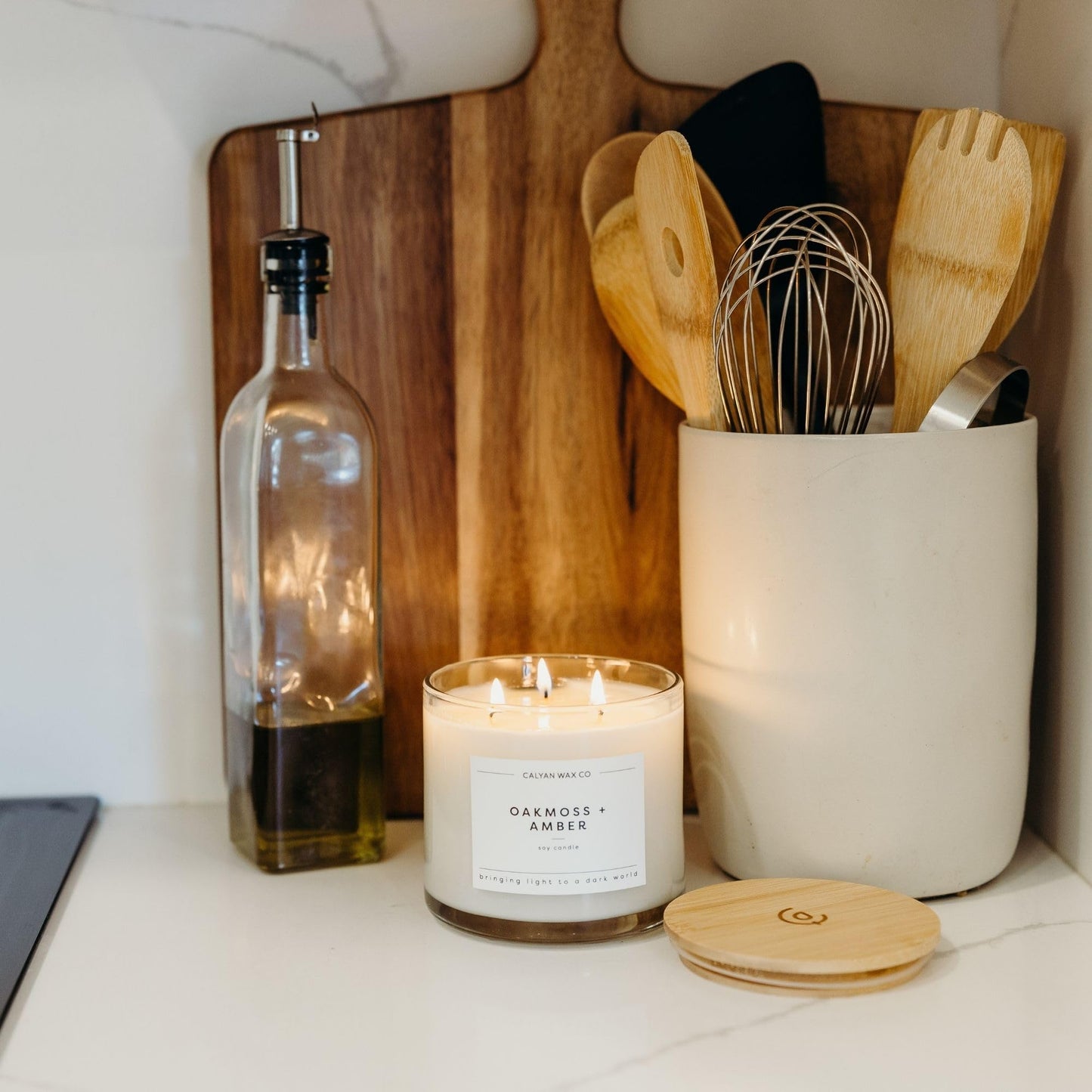 Calyan Wax Co. Oakmoss & Amber 3 Wick Scented Candle - 43 Hour Burn - Luxury 3 Wick Soy Candles - Clean Soy Wax Candles - Long Lasting Large Glass Jar Candle for Home - 14.9oz