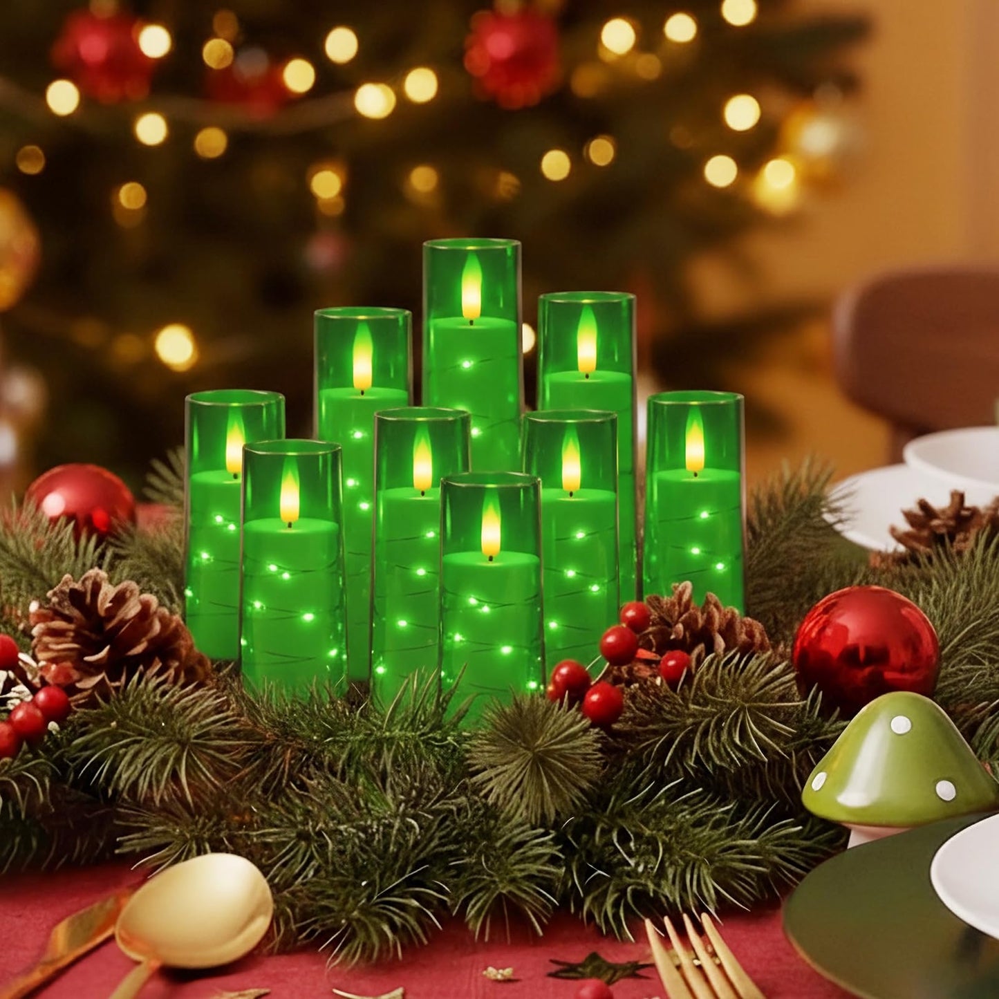 Raycare St. Patrick's Day Flameless Candle with Remote Timer – 9 Flickering Acrylic Battery Operated LED Pillar Candles with Embedded Star String for Home Decor, and as a Gift(Green)