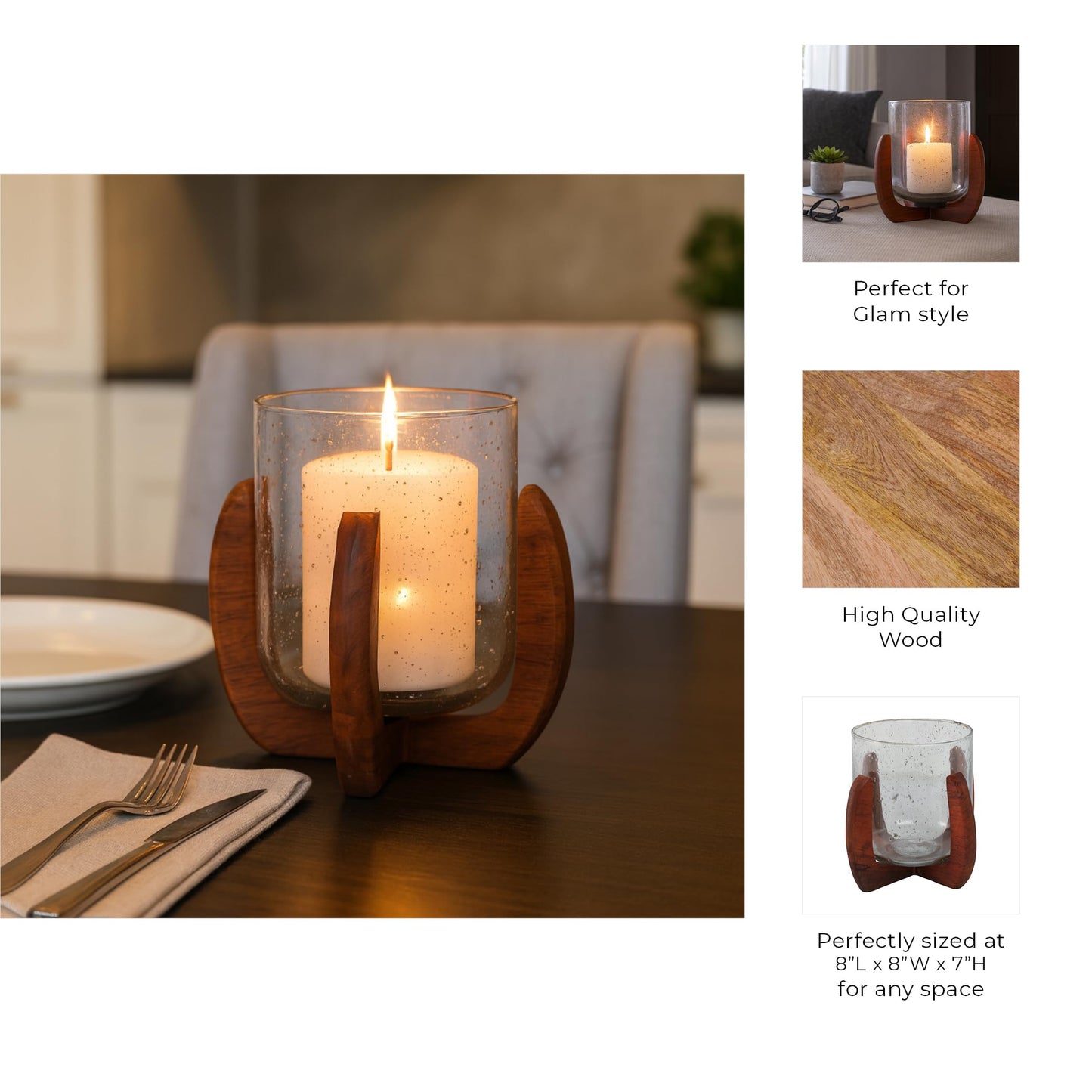 Glass And Wood Candle Holder – Votive Candle Holder Decor For Tabletop And Mantle, Living Room And Bedroom Placement, Indoor Lantern Style Accent with Warm Modern Home Decor Appeal – 7", Brown & Clear