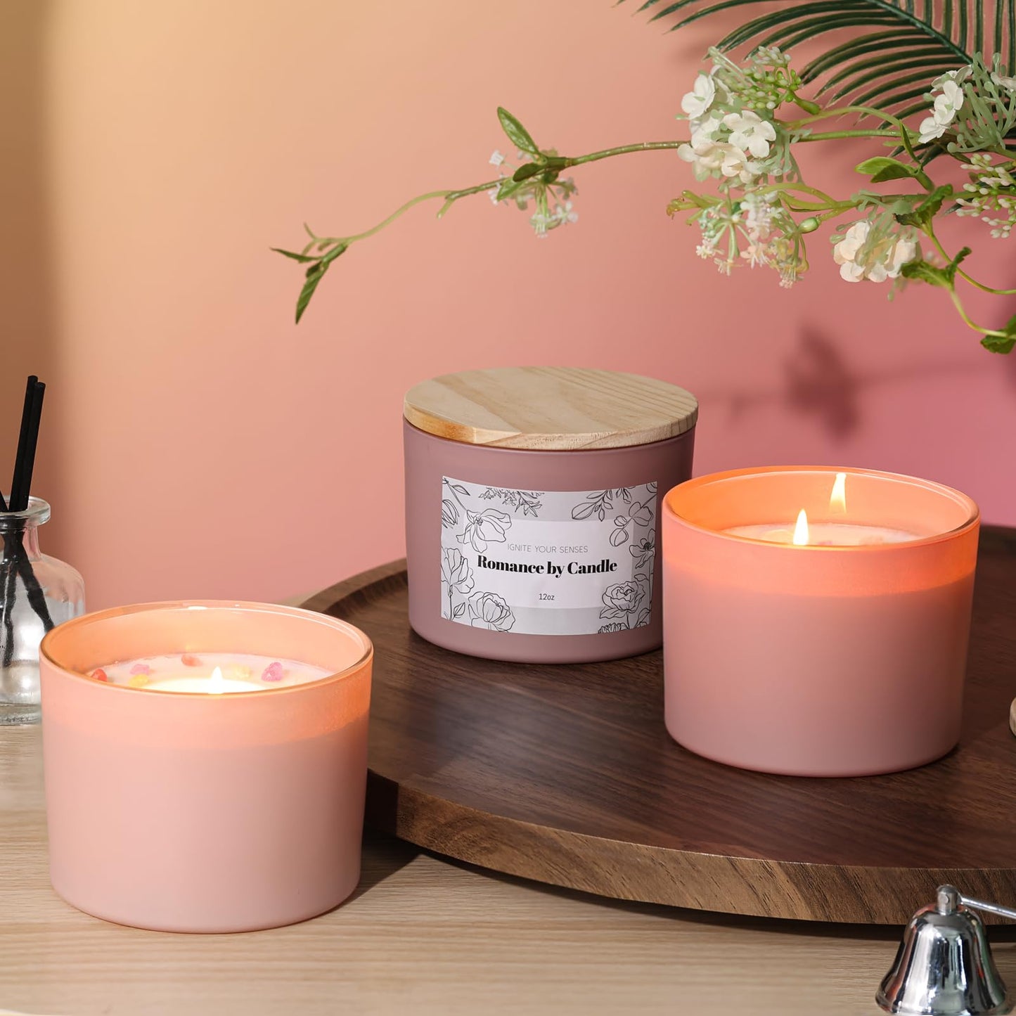 REISEN 6Pcs Assorted Pink Candle Jars for Making Candles, 12oz Empty Candle Jars with Bamboo Lids,Labels and 100g Crystal Rocks, Glass Jars for Candle Making Supplies, Candle Containers for DIY Gifts