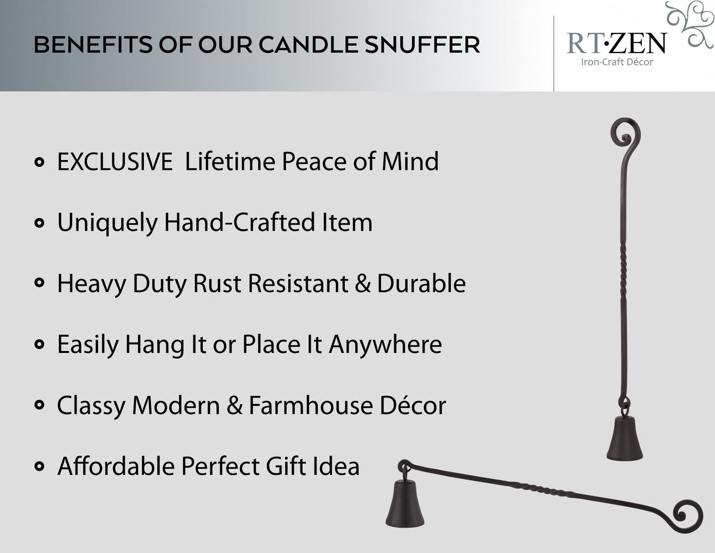 RTZEN Antique Bell Candle Snuffer - Handcrafted Decorative Rustic Wrought Iron Candle Extinguisher Candlesnuffer with Long Handle - Unique Black Matte Farmhouse Decor Accessories Gift