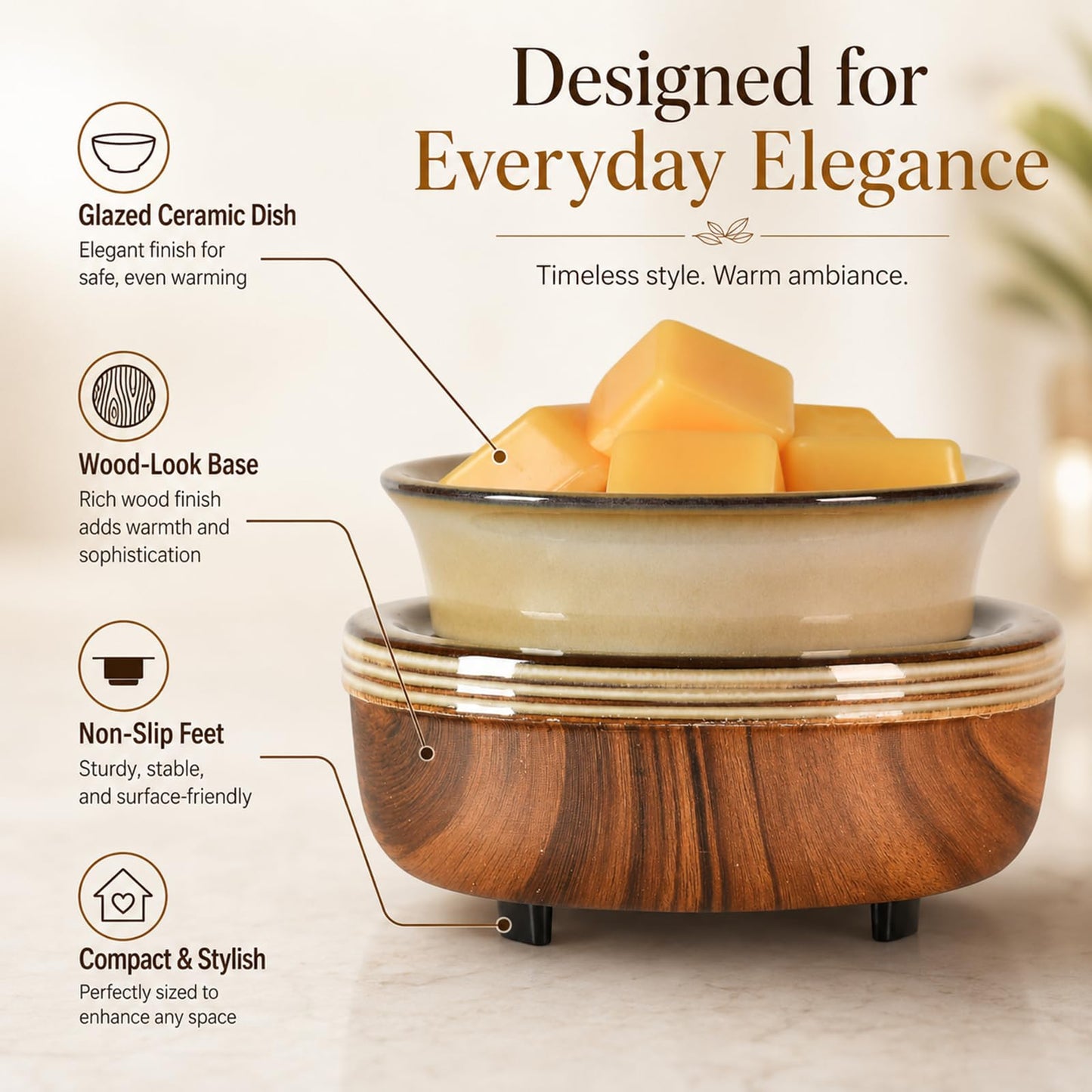 Mocosa Ceramic Wax Warmer Wax Melt Warmer 3-in-1 Candle Warmer Electric Wax Warmer for Scented Wax Melter Wax Burner for Home,Office,Perfect Christmas Gifts for Mom Women(Dark brown)