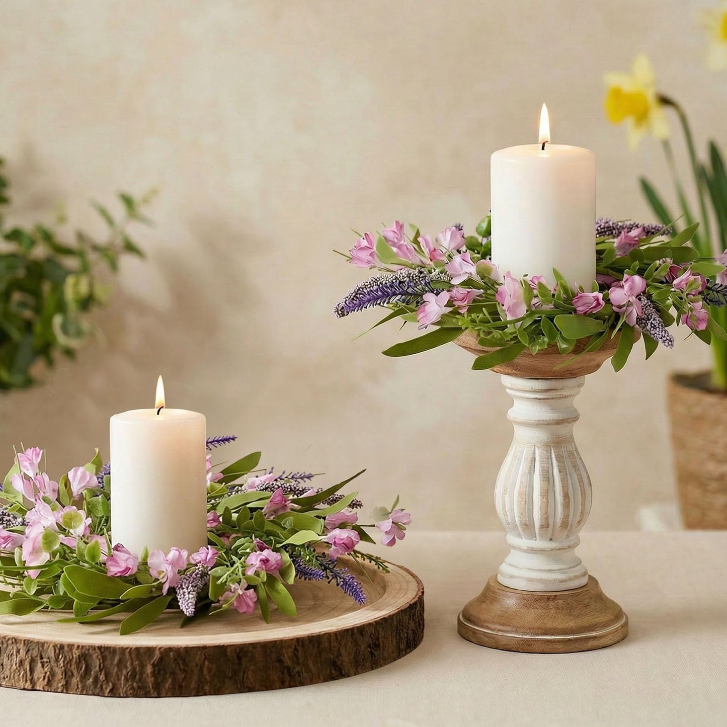 6 PCS Spring Summer Artificial Flowered Wreath Candle Rings Forsythia Lavender Candle Rings Pillar Holder Wreath Mini Floral Candle Rings Wreaths Kitchen Cabinet Swags for Wedding Home Tabletop Decor