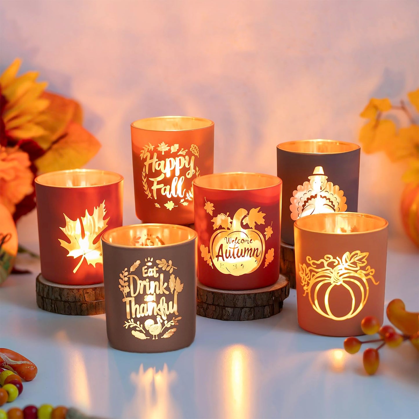 Hewory Thanksgiving Votive Candle Holders: Fall Glass Tea Light Candle Holder Set of 6, Thanksgiving Table Decorations Centerpieces for Dinner Tabe Fireplace Mantle Fall Decorations for Home Party