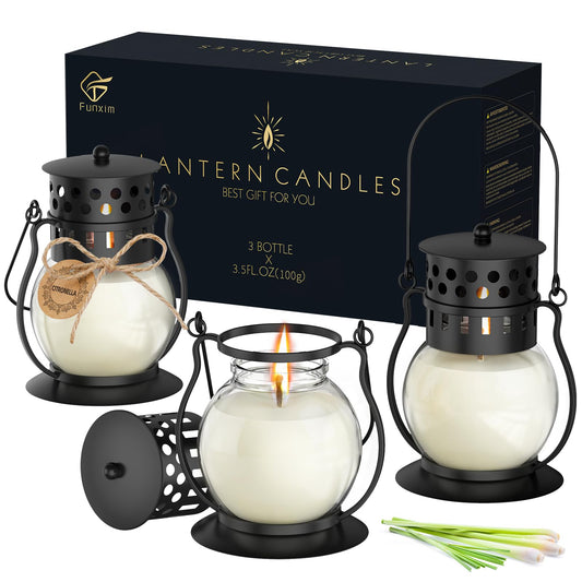 Citronella Candles Outdoor 3 Pack, Vintage Metal Lantern Soy Wax Candles, Long Burning Scented Patio & Camping Candles, Summer Outdoor Decor Gift for Women (3 x 3.5 oz)