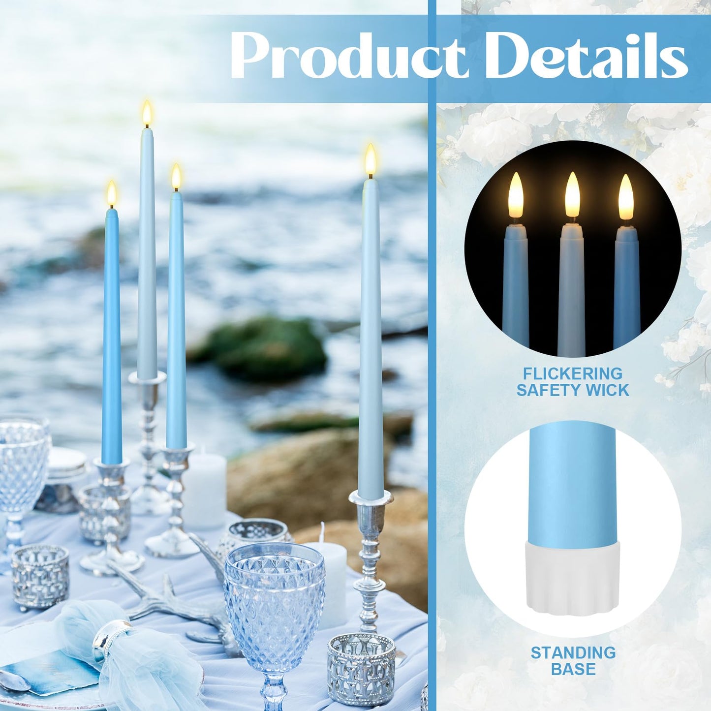 Macarrie 24 Packs Flameless Taper Candles Battery Operated Fake 11 Inch Long Candlelight LED Flameless Candlesticks Flickering Tapered for Summer Fall Wedding(Mixed Blue)