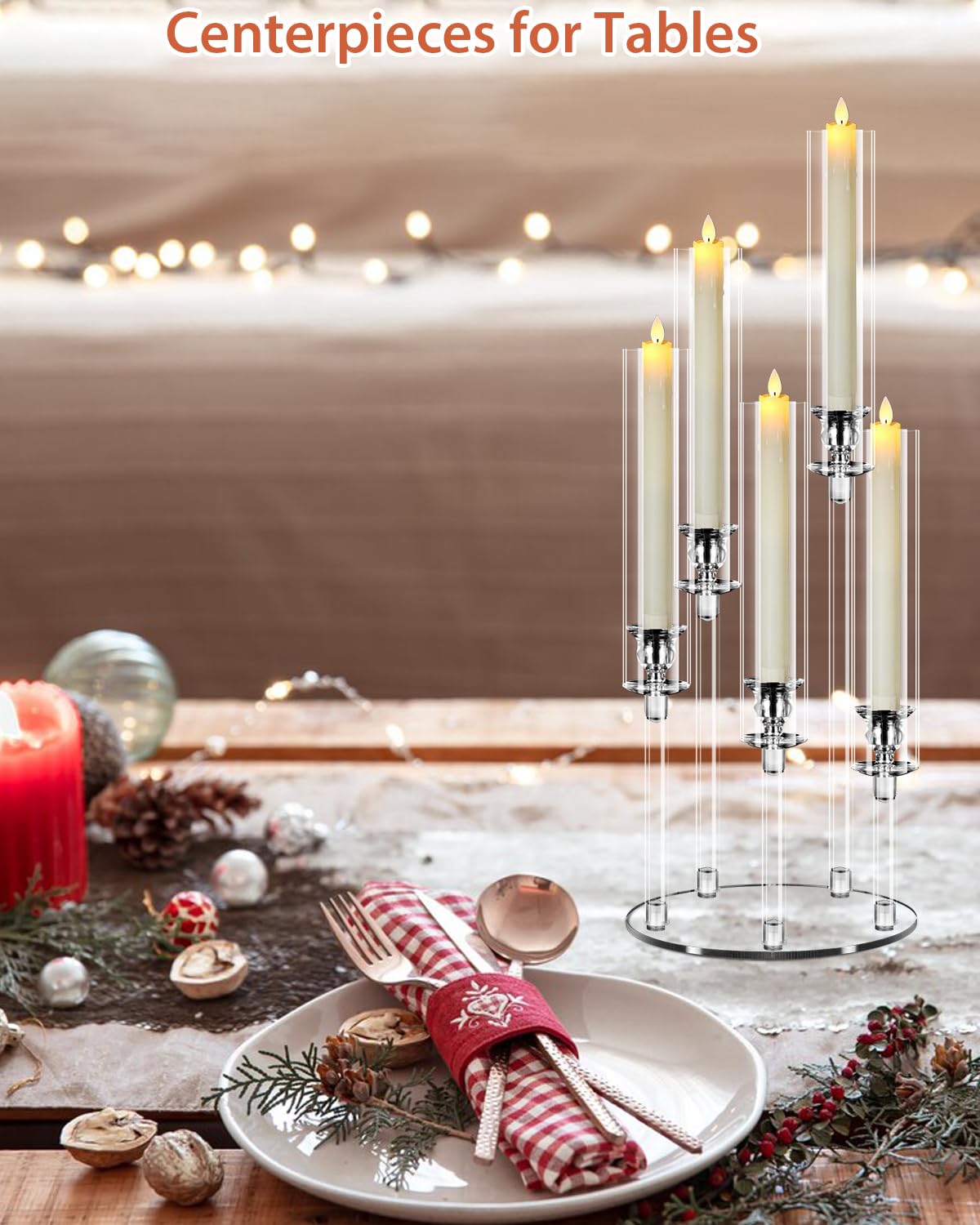 8 Set 5 Arm Acrylic Candle Holder, Mjkeomo 22'' Tall Candelabra Centerpieces for Tables, Candlesticks Holder with Lampshade for Housewarming Gift Fireplace Dinner Decor Fit 0.82'' LED Candle