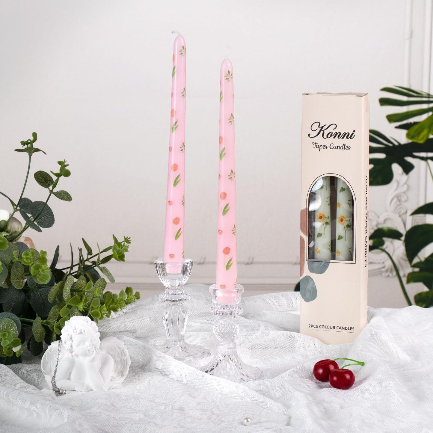 Taper Candles,10 inch 2pc Pink Tapered Candles with Tulip Printed, Unscented and Smokeless Long Burning Candles,Tall Candlesticks with Cotton Wicks,Ideal for Weddings, Home Décor