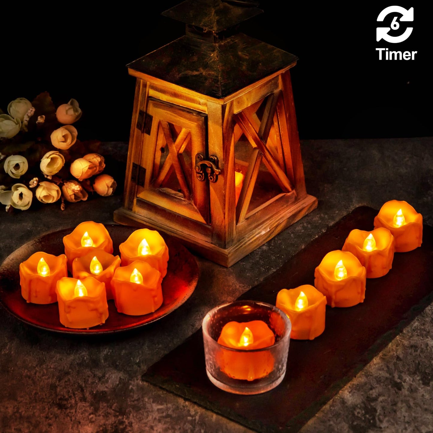 Windshell Orange Tealight Candles with Auto 6H Timer (No Remote), Battery Operated LED Flameless Tea Lights with Melting Design, for Halloween Thanksgiving Party, 12 Pack