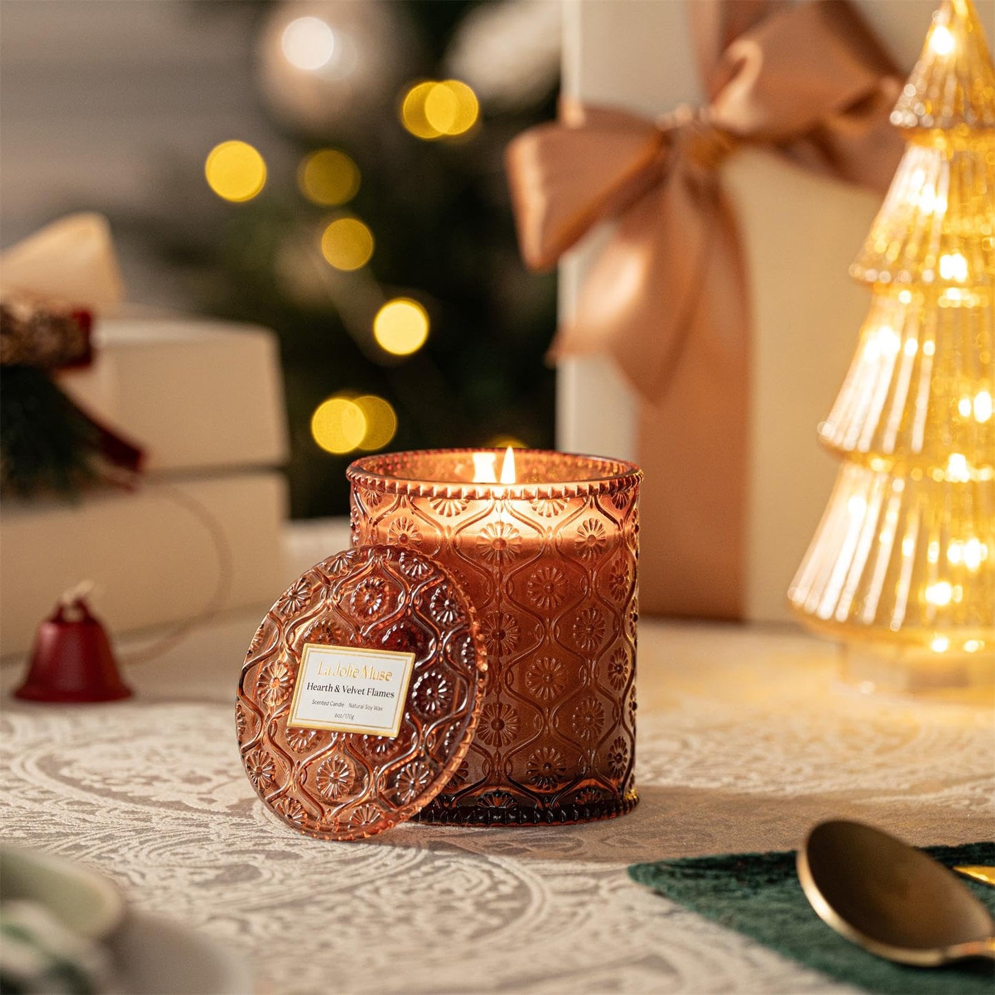 LA JOLIE MUSE Hearth & Velvet Flames Candle - Saffron, Clove, Vanilla | 6 oz Natural Soy Wax | 40 Hours Clean Burn | Elegant Home Décor | Gift-Ready for Hosts & Gatherings