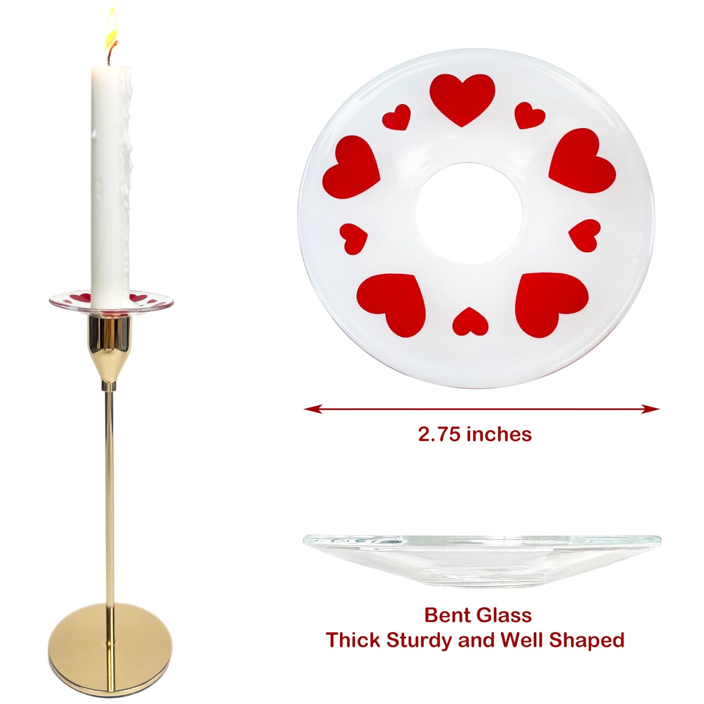 VGEUNA 4 Pieces Patterned Glass Bobeches for Candlestick Holder, Valentine's Day Hearts Design, Candle Drip Protector Guard, Wax Catcher Ring Accessories (Hearts)
