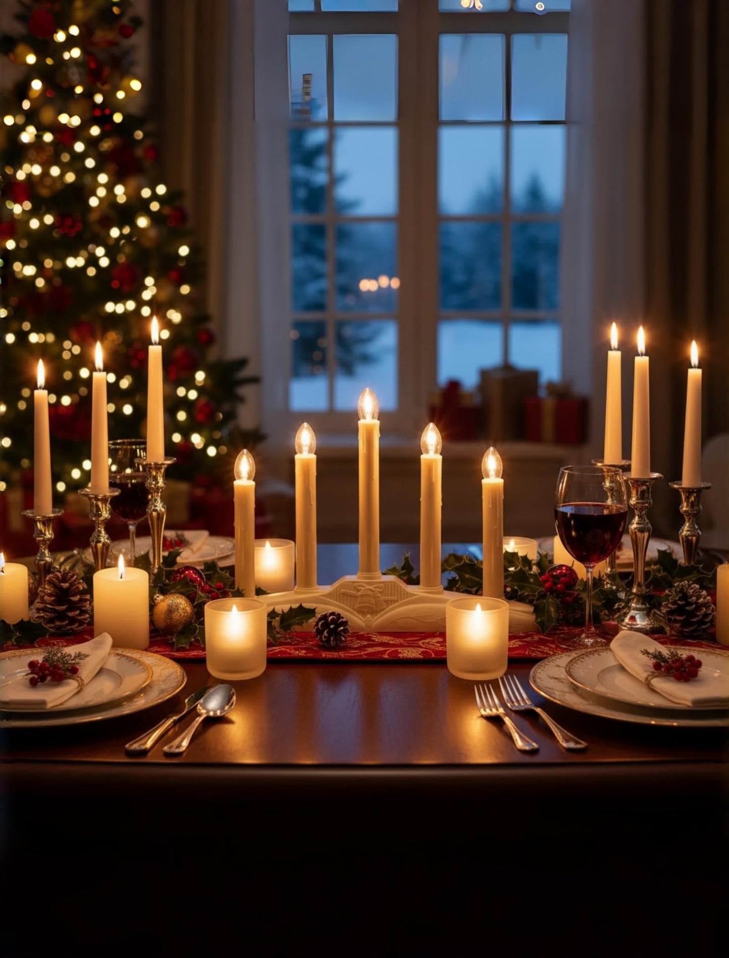 Pallerina Window Candles for Christmas, Battery Operated or Electric LED Flameless Taper Candlesticks with Timer and Sensor for Holiday Home Window Decoration, Ivory Base, 5-Light Set