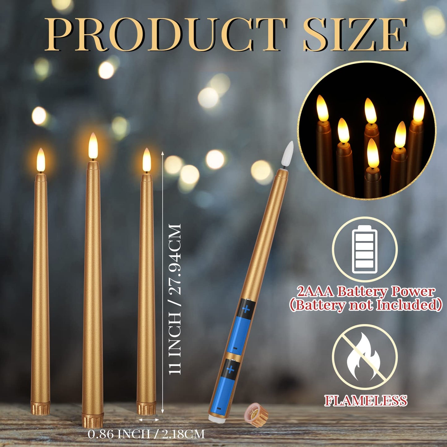 Macarrie 24 Packs Flameless Taper Candles Battery Operated Fake 11 Inch Long Candlelight LED Flameless Candlesticks Flickering Tapered for Spring Summer Wedding(Gold)