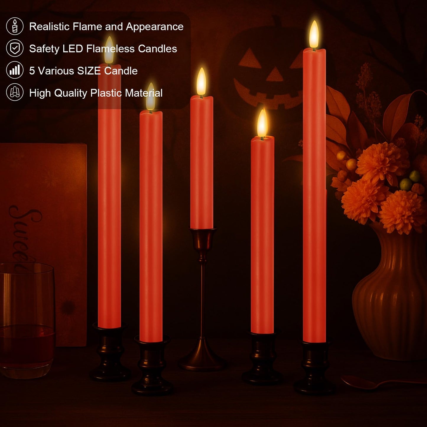 Rossesay 20 Pcs Flameless LED Taper Candles Battery Operated Taper Candles 5 Sizes of 6.5'', 7.7'', 8.8'', 10.0'', 11.2'' Flameless Candlesticks Flickering with 3D Flame for Wedding (Orange)
