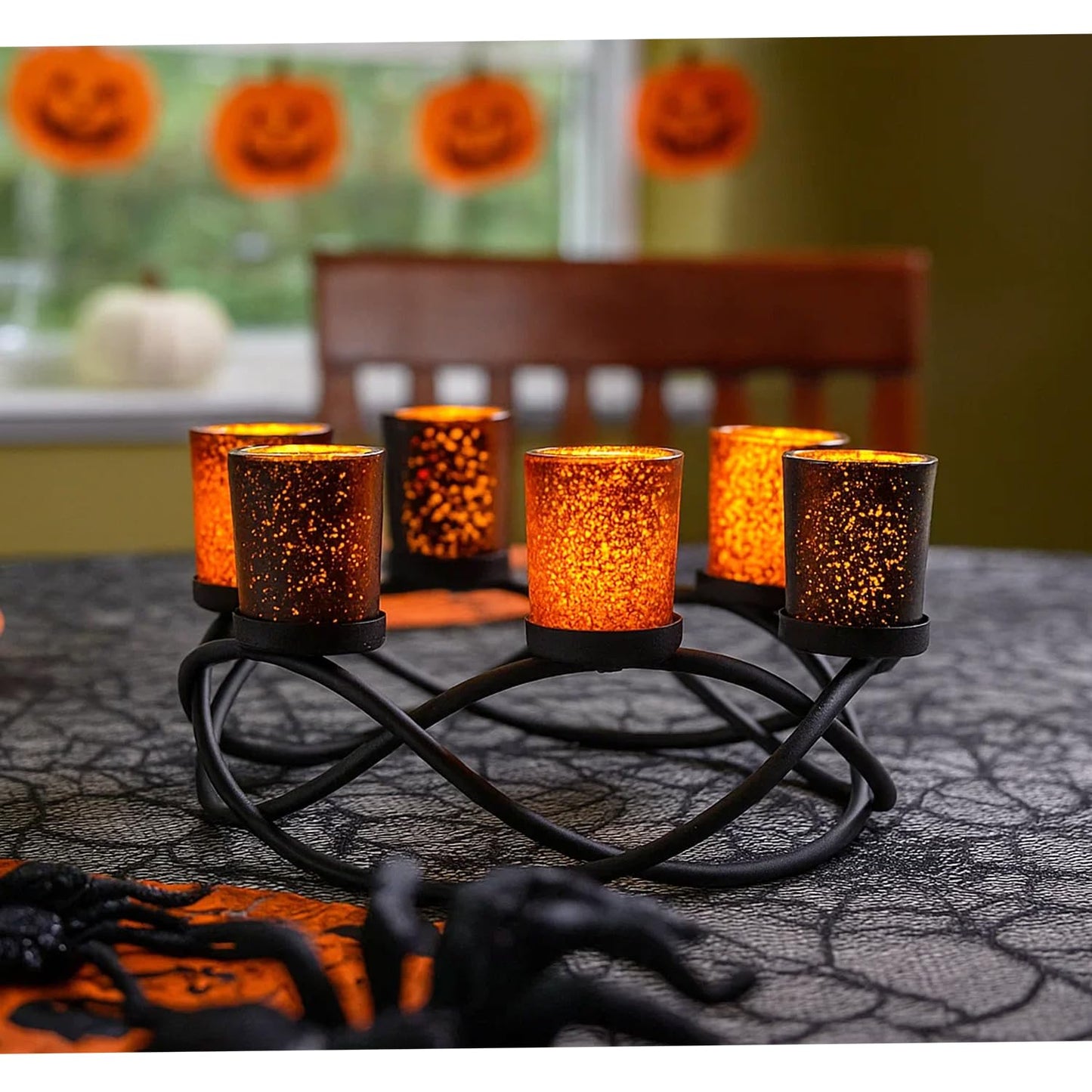 Seraphic Halloween Centerpieces for Decorations - Round Candle Holders for Outdoor Patio, Dining, Kitchen, Coffee & Wedding Table Decor, Black Iron Candelabra, 6 Glass Votive Tealight Cups