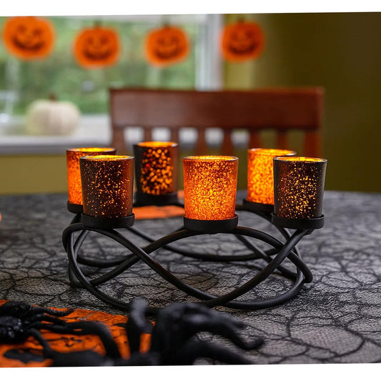 Seraphic Halloween Centerpieces for Decorations - Round Candle Holders for Outdoor Patio, Dining, Kitchen, Coffee & Wedding Table Decor, Black Iron Candelabra, 6 Glass Votive Tealight Cups