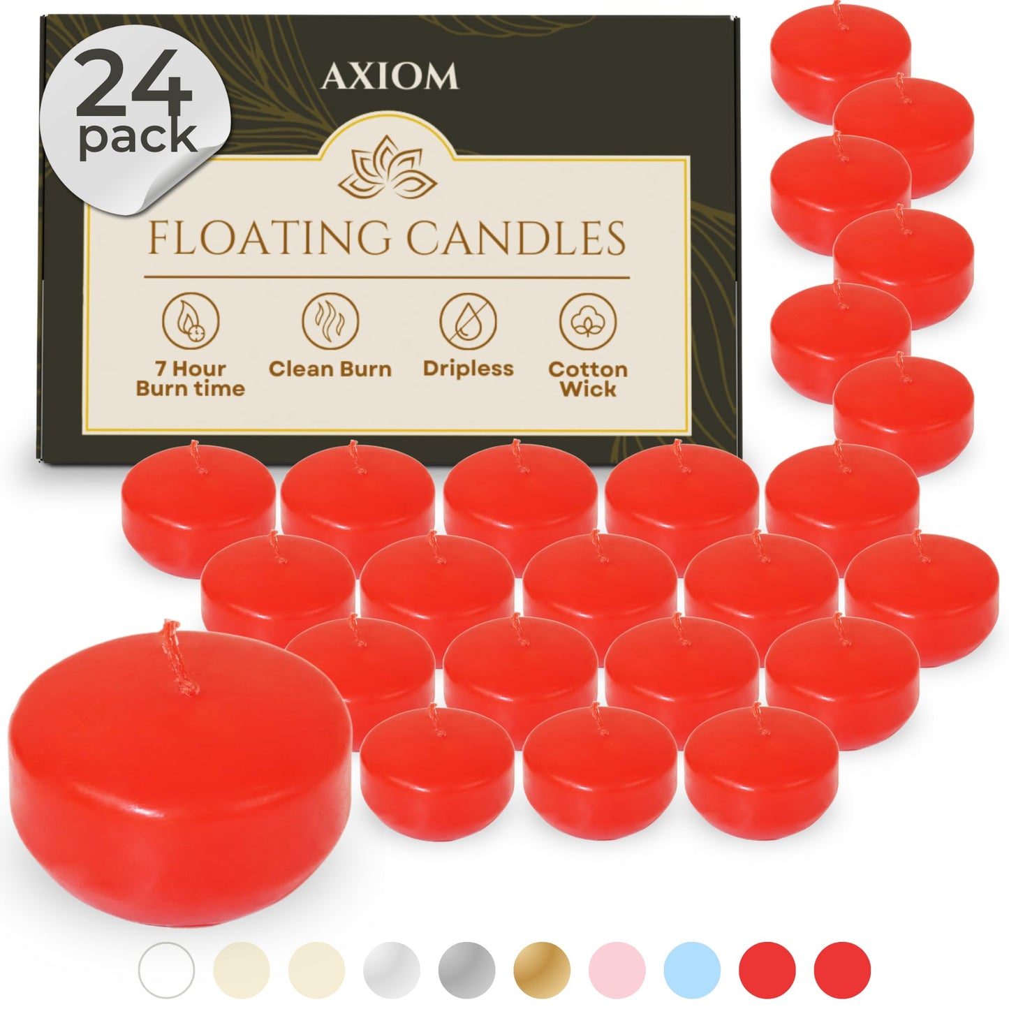 Axiom Red Floating Candles for Centerpieces - Floating Candle 2 inch Hand-Rolled Paraffin, Cotton Wicks, 4-Hour Clean Burn (Light Strawberry Scented), 24 Count