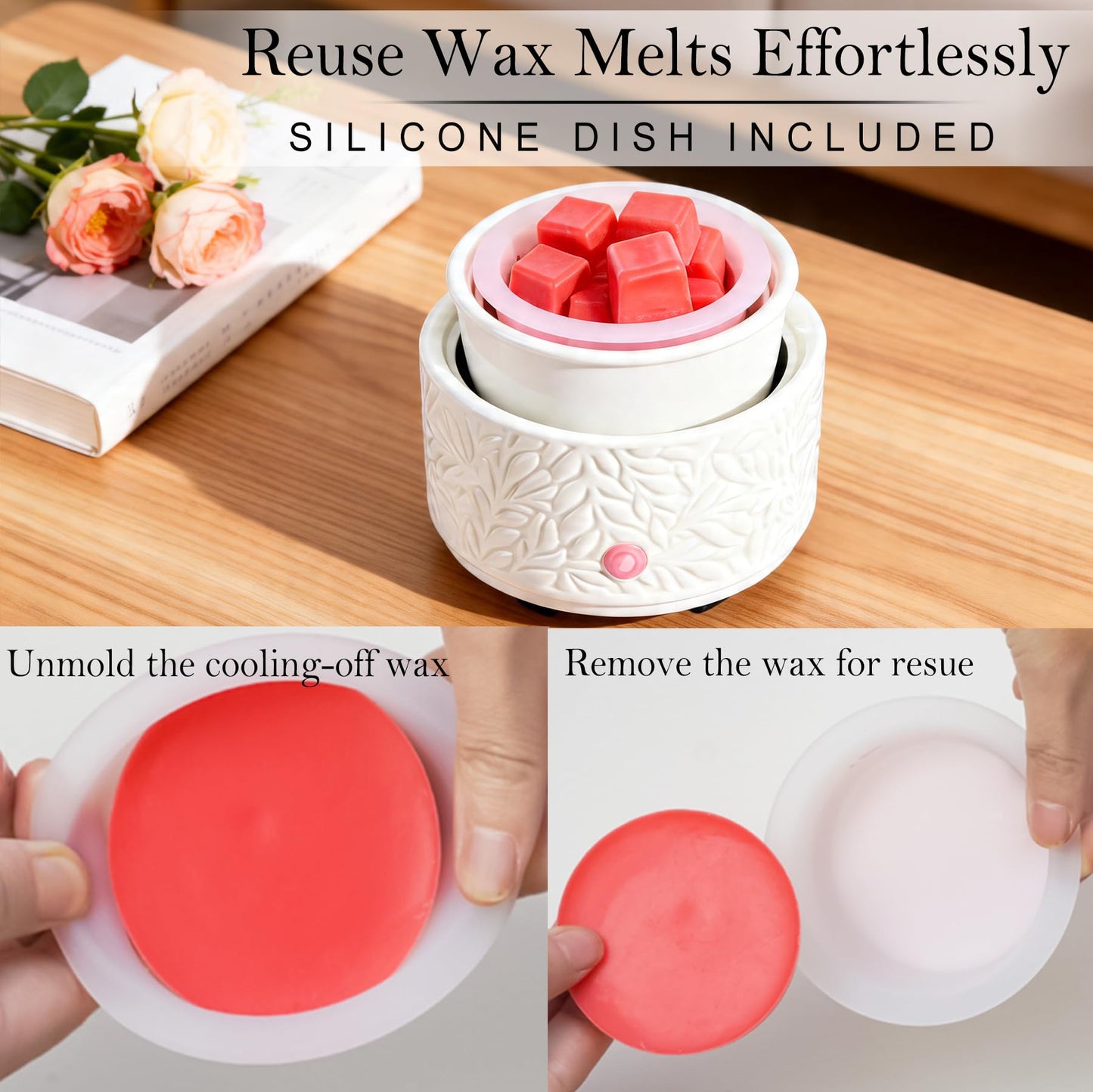 Ceramic Wax Melt Warmer with Timer & Silicone Liner, 3-in-1 Electric Scented Wax Burner for Home Aromatherapy, Fast Melting Fragrance Warmer for Essential Oils & Jar Candles Flame for Women
