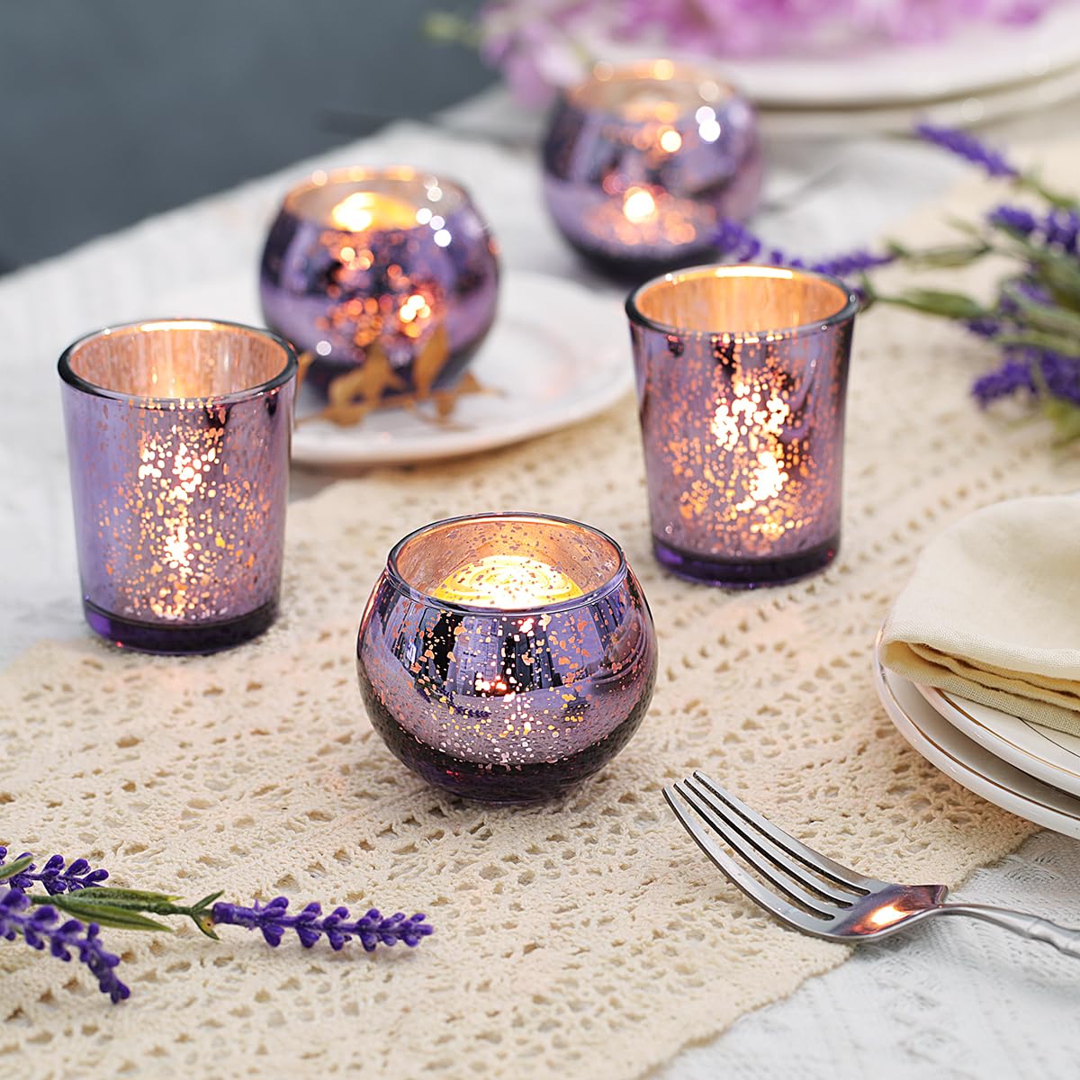 LETINE Purple Mercury Glass Votive Candle Holders - Set of 36 | Elegant Gold Tealight Candle Holders for Table Centerpieces, Spring Summer Weddings, Rehearsal Dinners, Valentine's Day Decorations