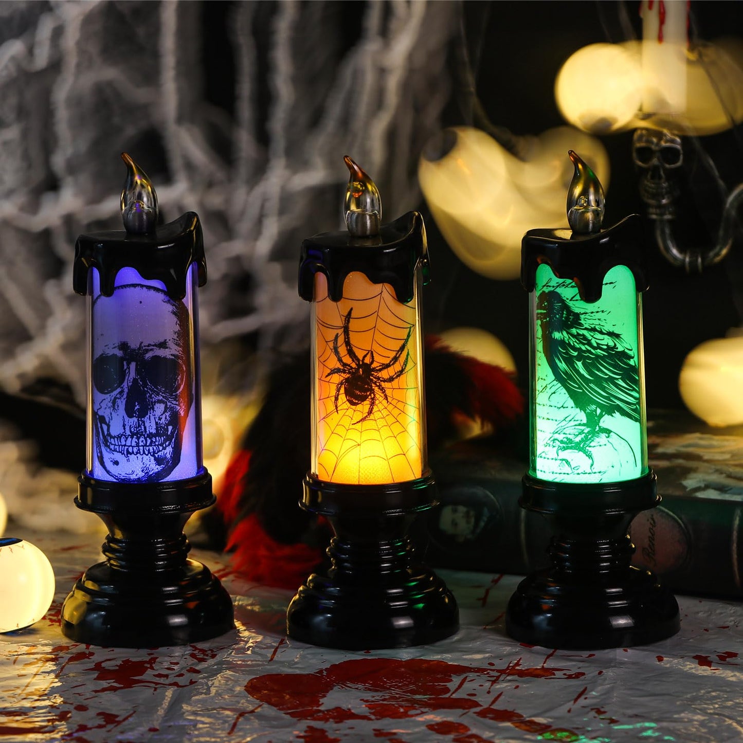 KunSwenn Halloween Flameless Candles Lighted Lamp, Black LED Battery Operated Candles with Remote Timer, Table Centerpiece for Halloween Celebration Parties(Skulls, Spiders, Crows)
