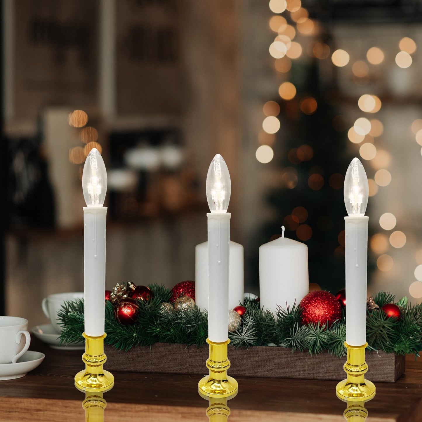 Oviejo 4 Pack Christmas Electric Candles, Electric Candle Lamps with Gold Base, Christmas Window Candles with 6-18 Timer On/Off for Home Table Weddings Holiday Decor