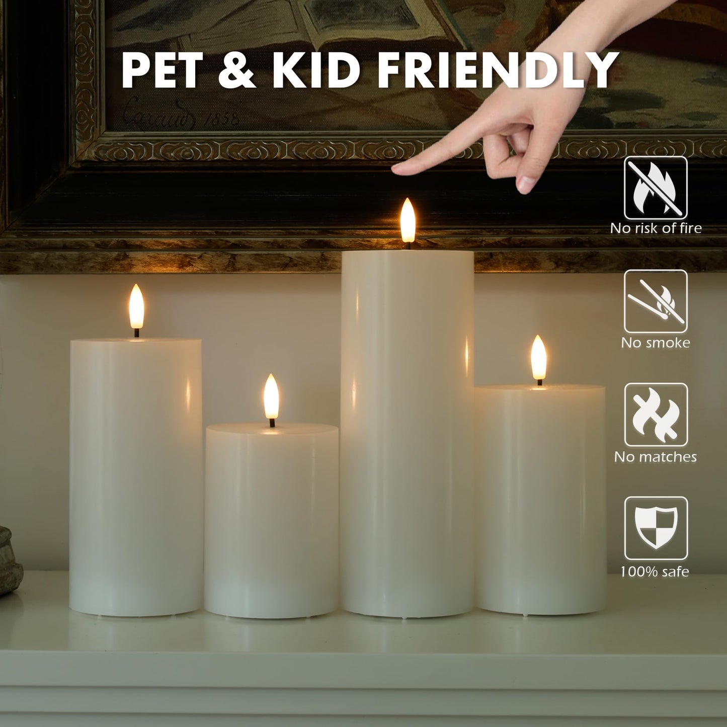 AFINETH White Flameless Pillar Candles, Battery Operated Wax Candles with Remote, Flat Top Flickering Flameless Candles, LED Candle for Home, Wedding, Party Decor, Set of 4, Φ 3" H 4" 5" 6" 8"