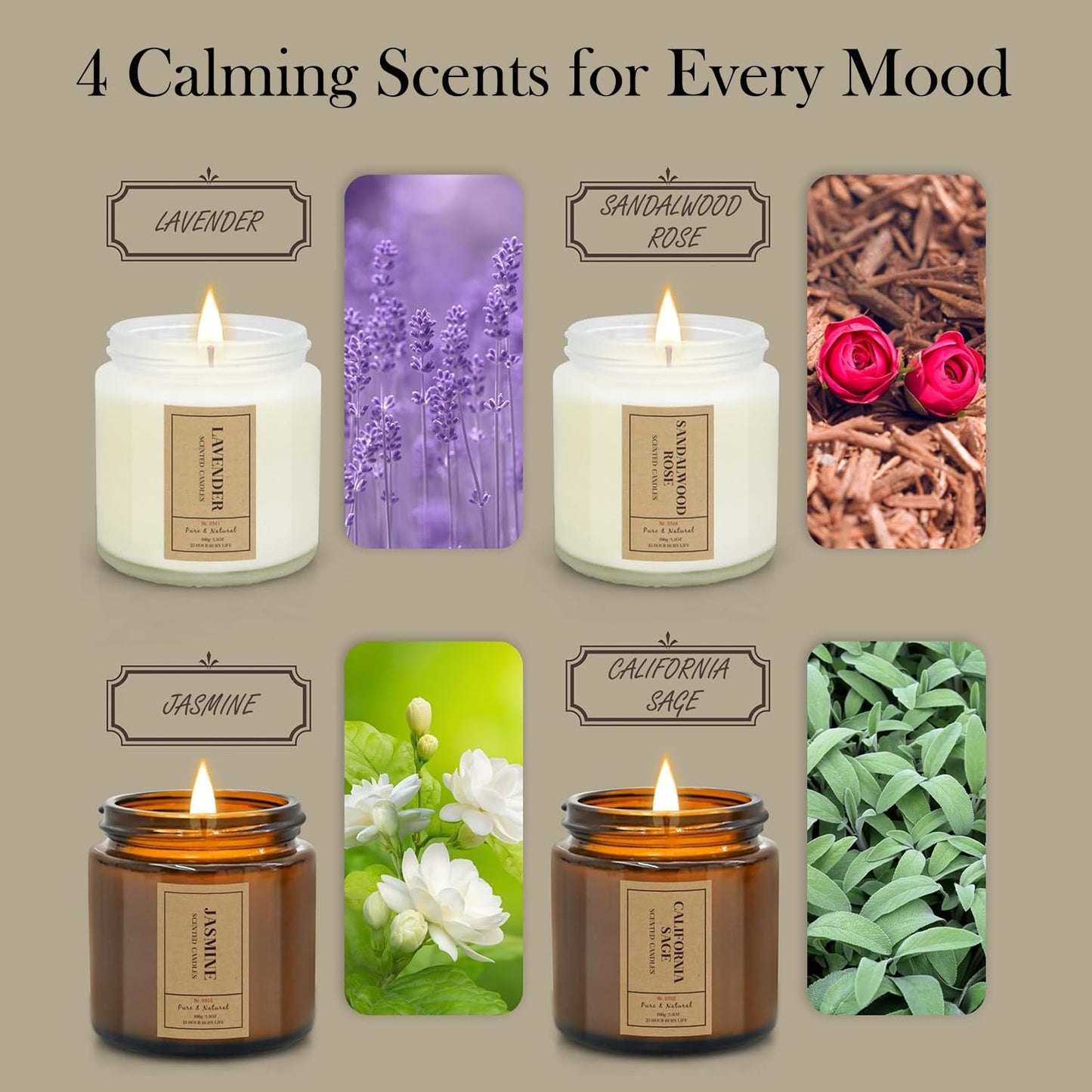 Candle Gift Set for Home – 4 Pack Scented Soy Wax Candles, Lavender, Jasmine, Sandalwood & Sage – Long Lasting Aromatherapy Candles for Relaxing, Gifts for Women, Mom & Home Decor