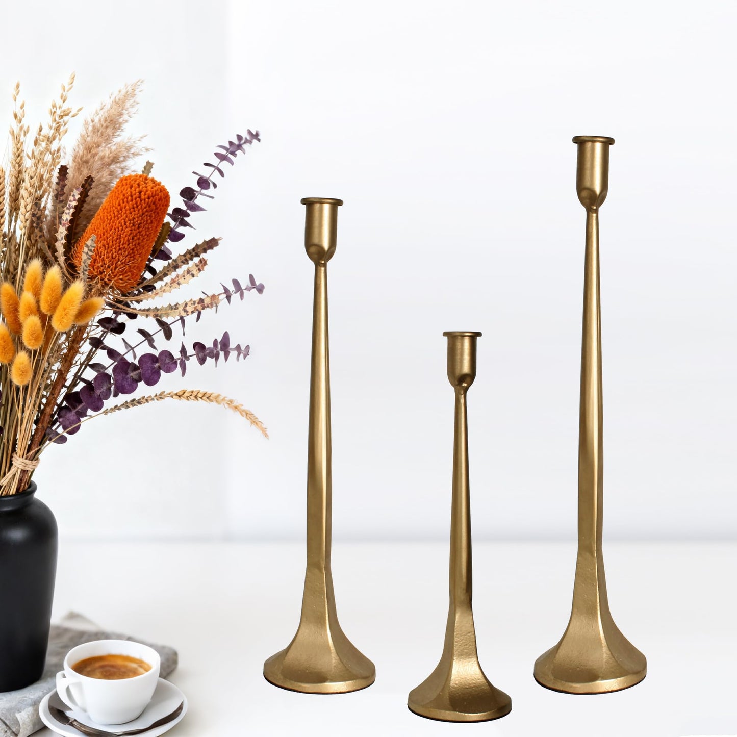 Set of 3 Taper Candle Holders, Cast Iron Candlestick Holders Tall for Wedding, Dining Table, Halloween & Fall Decor, Home Decoration (Gold, 12" 14" 15.5")