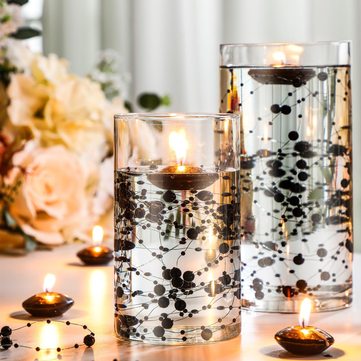 Fumete 40 Pcs Black Floating Candles with Pearl Strings, Small Unscented Floating Candles Centerpiece for Night Events, Gothic Party Table Decor, Wedding, Anniversary, Birthday, Modern Home Decor