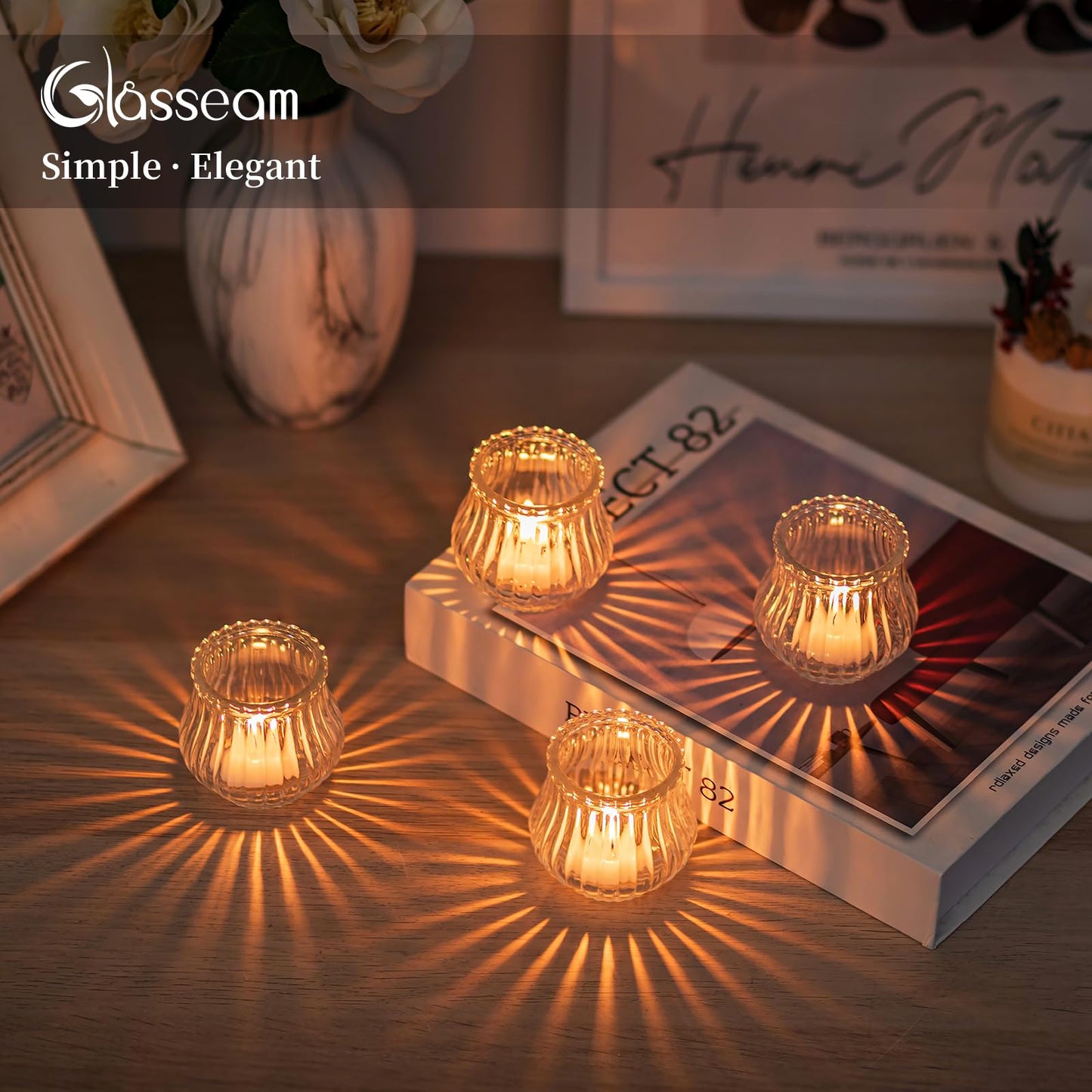 Glasseam Glass Tealight Candle Holder: 12 Pcs Ribbed Clear Votive Candle Holders Bulk for Wedding Centerpiece Christmas Table Decorations Party