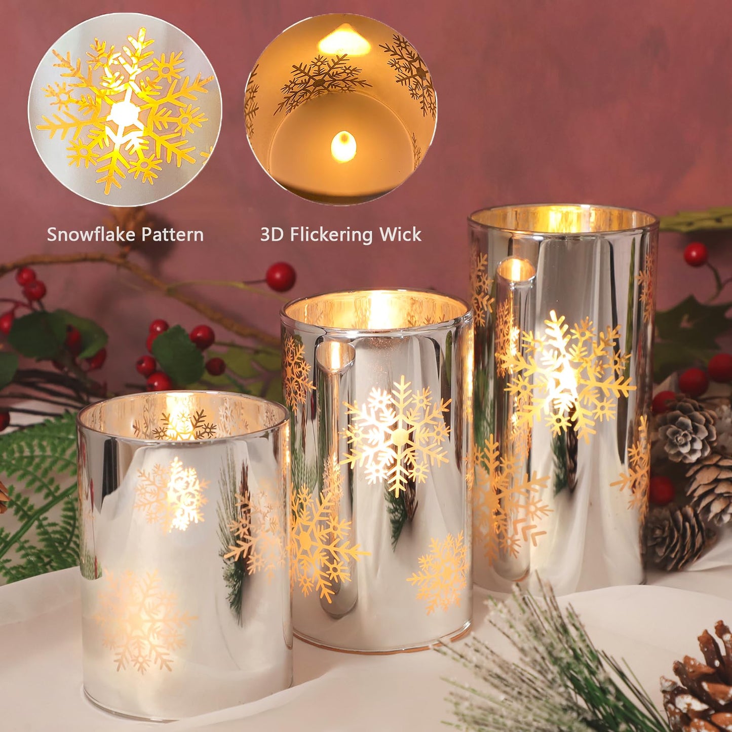 FLAVCHARM Snowflake LED Flameless Candles with Remote and Timer, Electroplate Glass Candles Operated by Battery, Christmas LED Flickering Candles Decoration for Bedroom, Party, Wedding