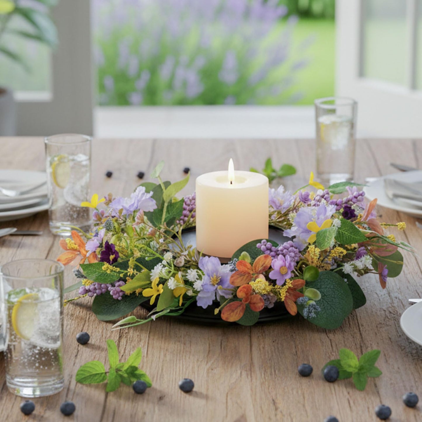 MOYEE Summer Candle Holder Centerpieces for Tables,Candle Ring, Black Metal Candlestick with an Artificial Wreath 14 in Versatile Dining Table Centrepiece (Purple Foam Flower Wreath)