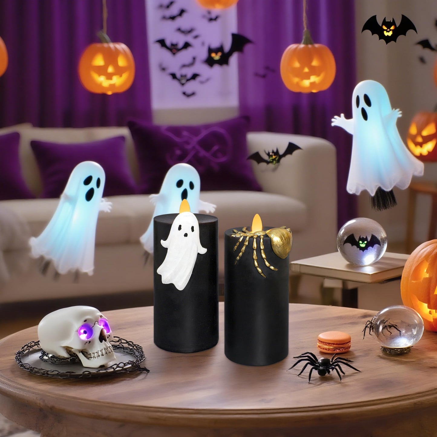 Silverstro Halloween Flameless Candles with Remote & Timer, Real Wax Hand-Carved Painted Ghost Spider LED Candles for Home Party Haunted House Horror Theme Halloween Decor, 3" x 7" Set of 2