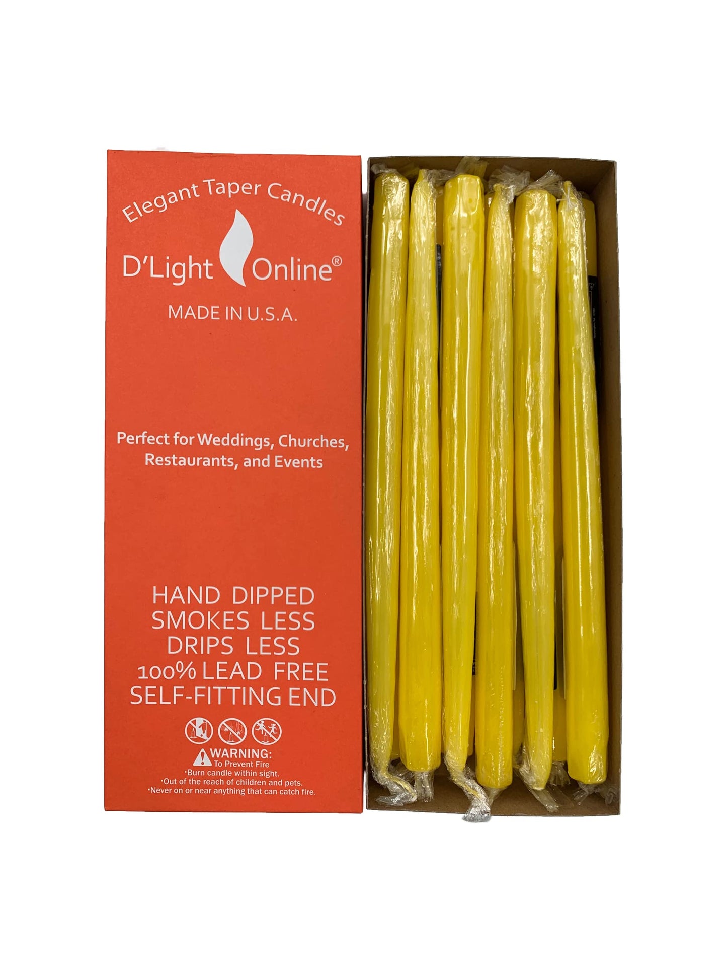 D'light Online Elegant Unscented 12" Yellow Taper Candles Premium Quality Hand-Dipped Tapered Candles, Dripless and Smokeless - Set of 12 Individually Wrapped (12 Inch, Yellow)